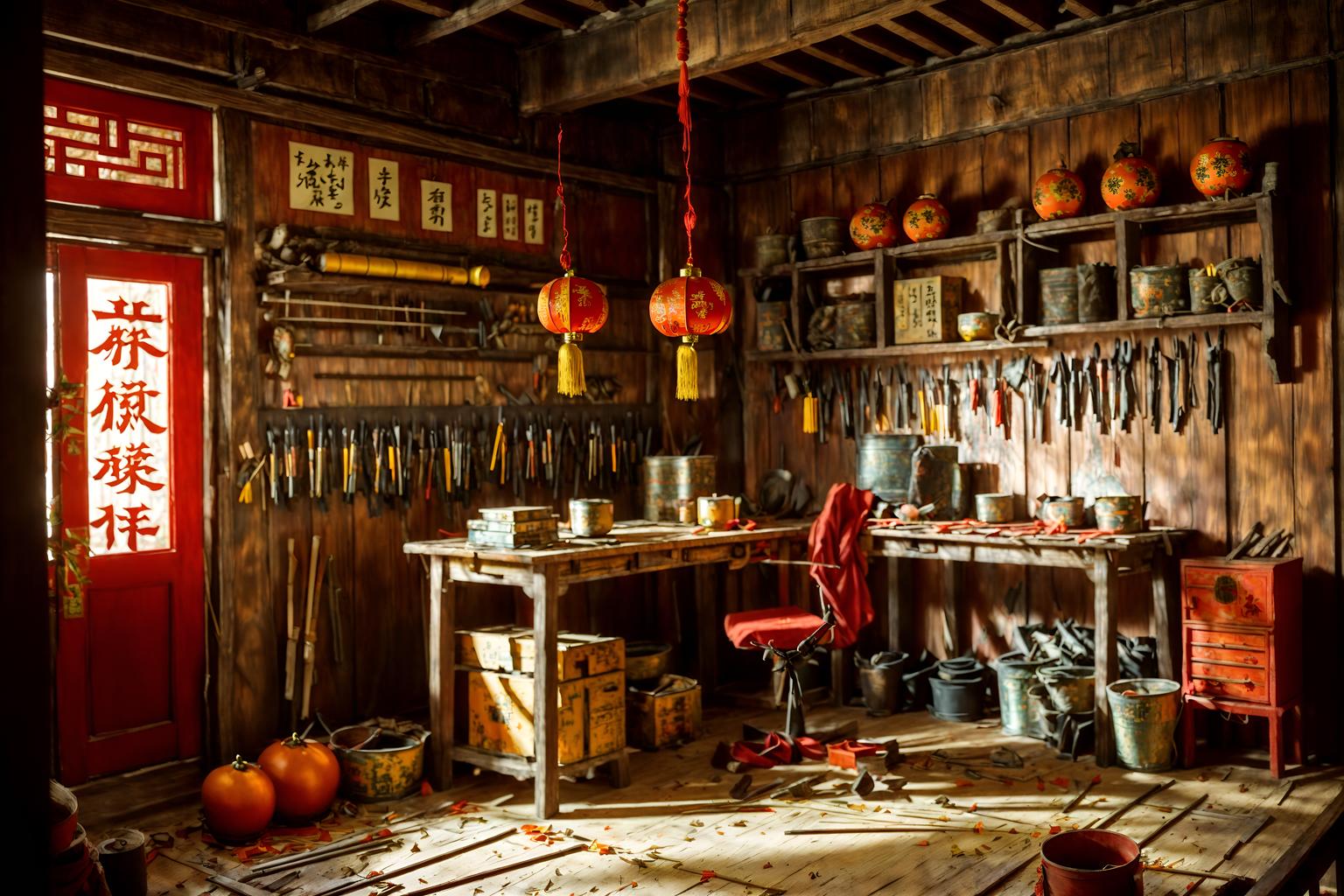 chinese new year-style (workshop interior) with messy and wooden workbench and tool wall and messy. . with paper firecrackers and zodiac calendar and orange trees and door couplets and red and gold tassels and red and gold candles and mei hwa flowers and kumquat trees. . cinematic photo, highly detailed, cinematic lighting, ultra-detailed, ultrarealistic, photorealism, 8k. chinese new year interior design style. masterpiece, cinematic light, ultrarealistic+, photorealistic+, 8k, raw photo, realistic, sharp focus on eyes, (symmetrical eyes), (intact eyes), hyperrealistic, highest quality, best quality, , highly detailed, masterpiece, best quality, extremely detailed 8k wallpaper, masterpiece, best quality, ultra-detailed, best shadow, detailed background, detailed face, detailed eyes, high contrast, best illumination, detailed face, dulux, caustic, dynamic angle, detailed glow. dramatic lighting. highly detailed, insanely detailed hair, symmetrical, intricate details, professionally retouched, 8k high definition. strong bokeh. award winning photo.