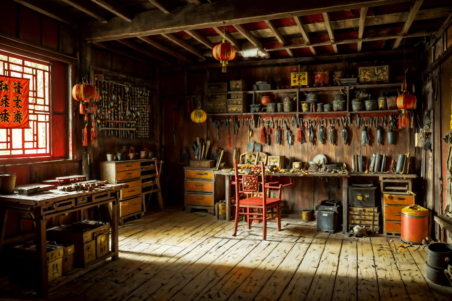 chinese new year-style (workshop interior) with messy and wooden workbench and tool wall and messy. . with paper firecrackers and zodiac calendar and orange trees and door couplets and red and gold tassels and red and gold candles and mei hwa flowers and kumquat trees. . cinematic photo, highly detailed, cinematic lighting, ultra-detailed, ultrarealistic, photorealism, 8k. chinese new year interior design style. masterpiece, cinematic light, ultrarealistic+, photorealistic+, 8k, raw photo, realistic, sharp focus on eyes, (symmetrical eyes), (intact eyes), hyperrealistic, highest quality, best quality, , highly detailed, masterpiece, best quality, extremely detailed 8k wallpaper, masterpiece, best quality, ultra-detailed, best shadow, detailed background, detailed face, detailed eyes, high contrast, best illumination, detailed face, dulux, caustic, dynamic angle, detailed glow. dramatic lighting. highly detailed, insanely detailed hair, symmetrical, intricate details, professionally retouched, 8k high definition. strong bokeh. award winning photo.