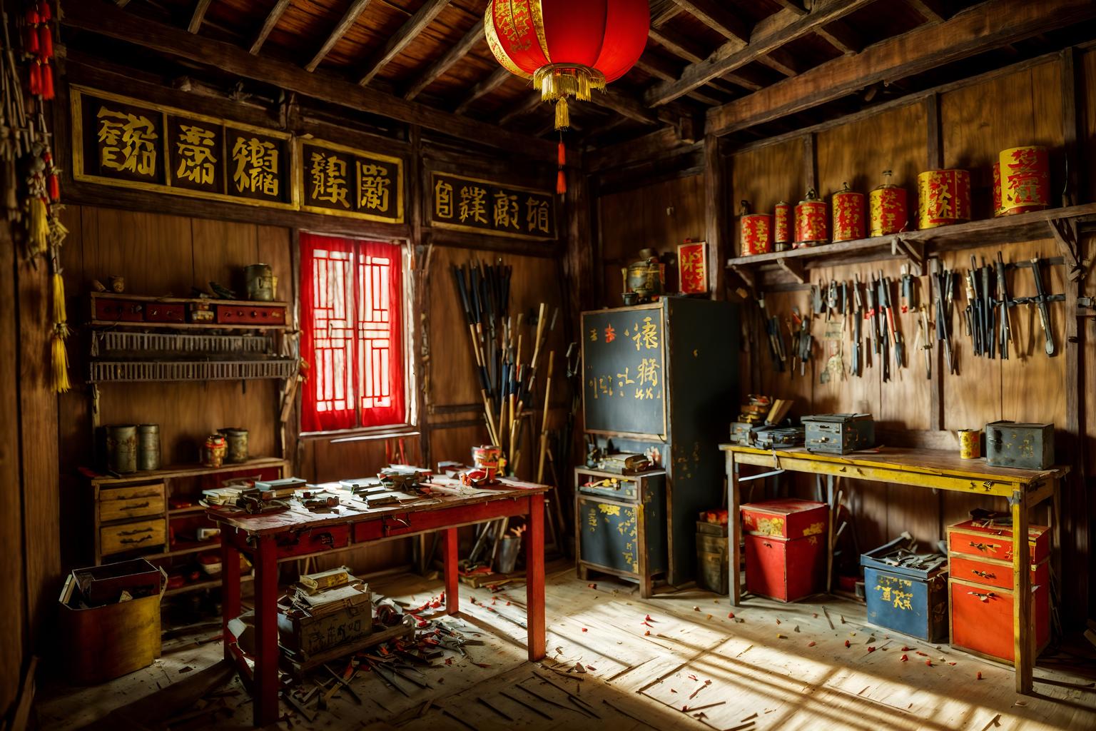 chinese new year-style (workshop interior) with messy and wooden workbench and tool wall and messy. . with paper firecrackers and zodiac calendar and orange trees and door couplets and red and gold tassels and red and gold candles and mei hwa flowers and kumquat trees. . cinematic photo, highly detailed, cinematic lighting, ultra-detailed, ultrarealistic, photorealism, 8k. chinese new year interior design style. masterpiece, cinematic light, ultrarealistic+, photorealistic+, 8k, raw photo, realistic, sharp focus on eyes, (symmetrical eyes), (intact eyes), hyperrealistic, highest quality, best quality, , highly detailed, masterpiece, best quality, extremely detailed 8k wallpaper, masterpiece, best quality, ultra-detailed, best shadow, detailed background, detailed face, detailed eyes, high contrast, best illumination, detailed face, dulux, caustic, dynamic angle, detailed glow. dramatic lighting. highly detailed, insanely detailed hair, symmetrical, intricate details, professionally retouched, 8k high definition. strong bokeh. award winning photo.