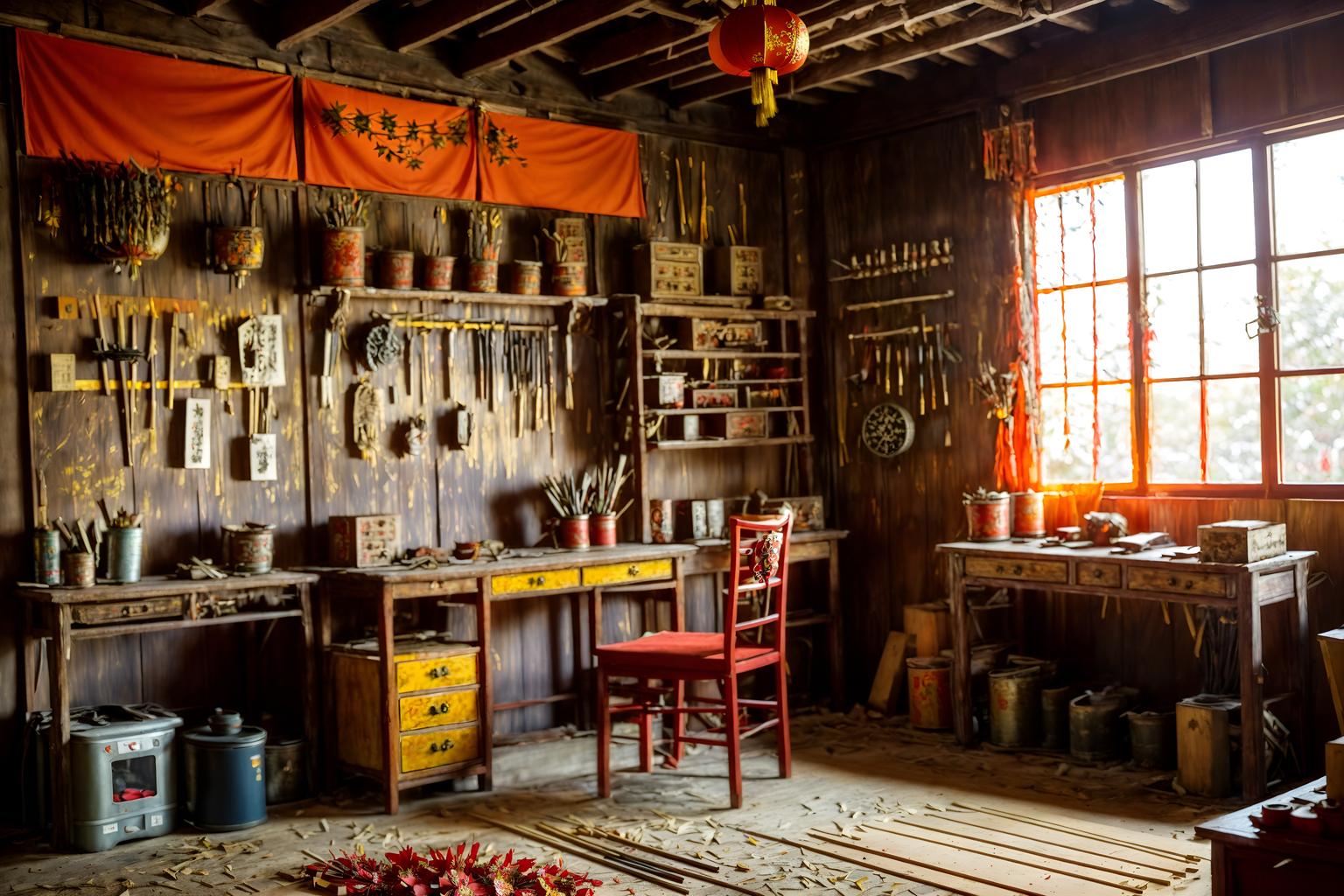 chinese new year-style (workshop interior) with messy and wooden workbench and tool wall and messy. . with paper firecrackers and zodiac calendar and orange trees and door couplets and red and gold tassels and red and gold candles and mei hwa flowers and kumquat trees. . cinematic photo, highly detailed, cinematic lighting, ultra-detailed, ultrarealistic, photorealism, 8k. chinese new year interior design style. masterpiece, cinematic light, ultrarealistic+, photorealistic+, 8k, raw photo, realistic, sharp focus on eyes, (symmetrical eyes), (intact eyes), hyperrealistic, highest quality, best quality, , highly detailed, masterpiece, best quality, extremely detailed 8k wallpaper, masterpiece, best quality, ultra-detailed, best shadow, detailed background, detailed face, detailed eyes, high contrast, best illumination, detailed face, dulux, caustic, dynamic angle, detailed glow. dramatic lighting. highly detailed, insanely detailed hair, symmetrical, intricate details, professionally retouched, 8k high definition. strong bokeh. award winning photo.