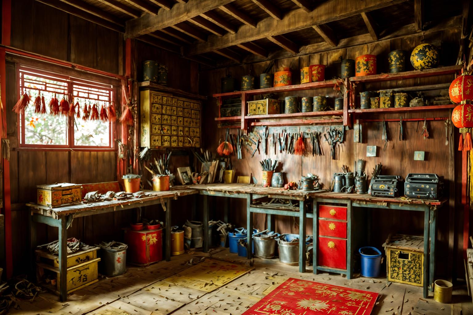 chinese new year-style (workshop interior) with messy and wooden workbench and tool wall and messy. . with paper firecrackers and zodiac calendar and orange trees and door couplets and red and gold tassels and red and gold candles and mei hwa flowers and kumquat trees. . cinematic photo, highly detailed, cinematic lighting, ultra-detailed, ultrarealistic, photorealism, 8k. chinese new year interior design style. masterpiece, cinematic light, ultrarealistic+, photorealistic+, 8k, raw photo, realistic, sharp focus on eyes, (symmetrical eyes), (intact eyes), hyperrealistic, highest quality, best quality, , highly detailed, masterpiece, best quality, extremely detailed 8k wallpaper, masterpiece, best quality, ultra-detailed, best shadow, detailed background, detailed face, detailed eyes, high contrast, best illumination, detailed face, dulux, caustic, dynamic angle, detailed glow. dramatic lighting. highly detailed, insanely detailed hair, symmetrical, intricate details, professionally retouched, 8k high definition. strong bokeh. award winning photo.