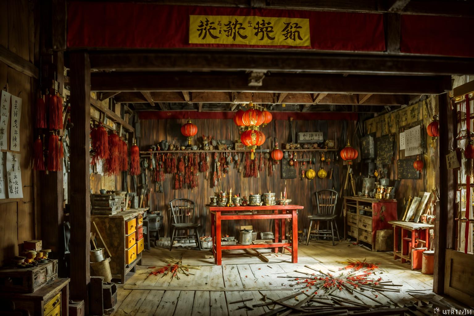 chinese new year-style (workshop interior) with messy and wooden workbench and tool wall and messy. . with paper firecrackers and zodiac calendar and orange trees and door couplets and red and gold tassels and red and gold candles and mei hwa flowers and kumquat trees. . cinematic photo, highly detailed, cinematic lighting, ultra-detailed, ultrarealistic, photorealism, 8k. chinese new year interior design style. masterpiece, cinematic light, ultrarealistic+, photorealistic+, 8k, raw photo, realistic, sharp focus on eyes, (symmetrical eyes), (intact eyes), hyperrealistic, highest quality, best quality, , highly detailed, masterpiece, best quality, extremely detailed 8k wallpaper, masterpiece, best quality, ultra-detailed, best shadow, detailed background, detailed face, detailed eyes, high contrast, best illumination, detailed face, dulux, caustic, dynamic angle, detailed glow. dramatic lighting. highly detailed, insanely detailed hair, symmetrical, intricate details, professionally retouched, 8k high definition. strong bokeh. award winning photo.