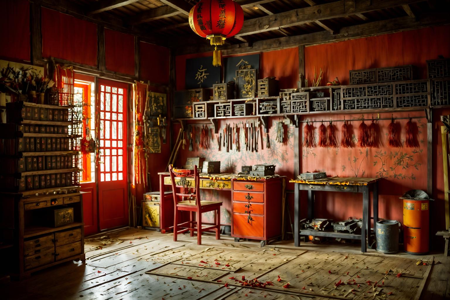 chinese new year-style (workshop interior) with messy and wooden workbench and tool wall and messy. . with paper firecrackers and zodiac calendar and orange trees and door couplets and red and gold tassels and red and gold candles and mei hwa flowers and kumquat trees. . cinematic photo, highly detailed, cinematic lighting, ultra-detailed, ultrarealistic, photorealism, 8k. chinese new year interior design style. masterpiece, cinematic light, ultrarealistic+, photorealistic+, 8k, raw photo, realistic, sharp focus on eyes, (symmetrical eyes), (intact eyes), hyperrealistic, highest quality, best quality, , highly detailed, masterpiece, best quality, extremely detailed 8k wallpaper, masterpiece, best quality, ultra-detailed, best shadow, detailed background, detailed face, detailed eyes, high contrast, best illumination, detailed face, dulux, caustic, dynamic angle, detailed glow. dramatic lighting. highly detailed, insanely detailed hair, symmetrical, intricate details, professionally retouched, 8k high definition. strong bokeh. award winning photo.