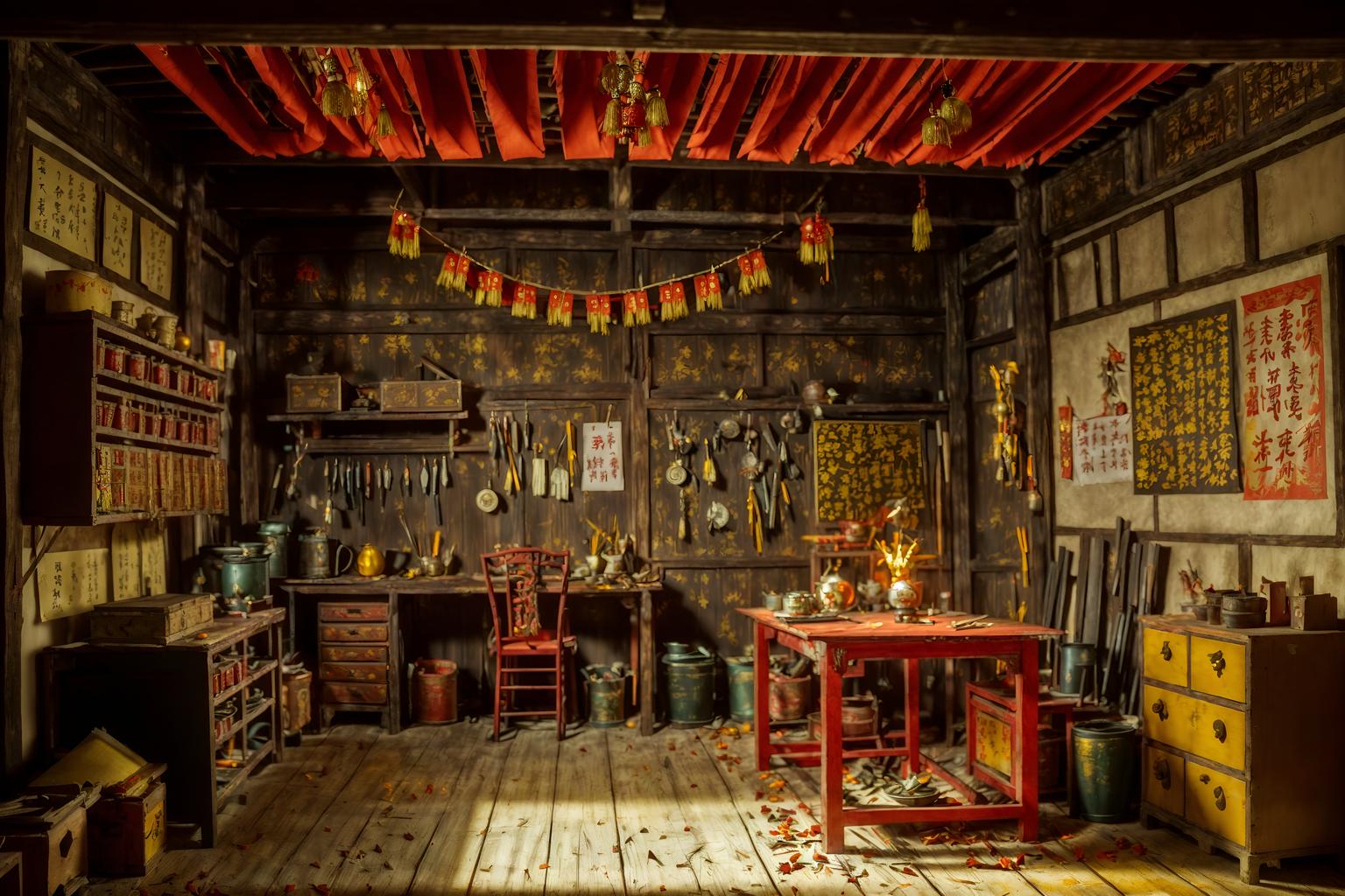 chinese new year-style (workshop interior) with messy and wooden workbench and tool wall and messy. . with paper firecrackers and zodiac calendar and orange trees and door couplets and red and gold tassels and red and gold candles and mei hwa flowers and kumquat trees. . cinematic photo, highly detailed, cinematic lighting, ultra-detailed, ultrarealistic, photorealism, 8k. chinese new year interior design style. masterpiece, cinematic light, ultrarealistic+, photorealistic+, 8k, raw photo, realistic, sharp focus on eyes, (symmetrical eyes), (intact eyes), hyperrealistic, highest quality, best quality, , highly detailed, masterpiece, best quality, extremely detailed 8k wallpaper, masterpiece, best quality, ultra-detailed, best shadow, detailed background, detailed face, detailed eyes, high contrast, best illumination, detailed face, dulux, caustic, dynamic angle, detailed glow. dramatic lighting. highly detailed, insanely detailed hair, symmetrical, intricate details, professionally retouched, 8k high definition. strong bokeh. award winning photo.