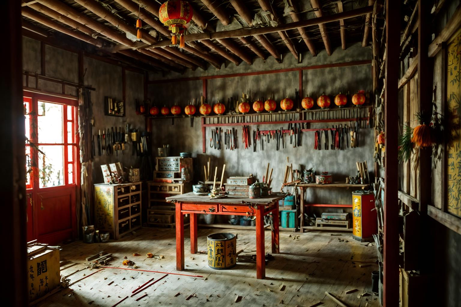 chinese new year-style (workshop interior) with messy and wooden workbench and tool wall and messy. . with paper firecrackers and zodiac calendar and orange trees and door couplets and red and gold tassels and red and gold candles and mei hwa flowers and kumquat trees. . cinematic photo, highly detailed, cinematic lighting, ultra-detailed, ultrarealistic, photorealism, 8k. chinese new year interior design style. masterpiece, cinematic light, ultrarealistic+, photorealistic+, 8k, raw photo, realistic, sharp focus on eyes, (symmetrical eyes), (intact eyes), hyperrealistic, highest quality, best quality, , highly detailed, masterpiece, best quality, extremely detailed 8k wallpaper, masterpiece, best quality, ultra-detailed, best shadow, detailed background, detailed face, detailed eyes, high contrast, best illumination, detailed face, dulux, caustic, dynamic angle, detailed glow. dramatic lighting. highly detailed, insanely detailed hair, symmetrical, intricate details, professionally retouched, 8k high definition. strong bokeh. award winning photo.