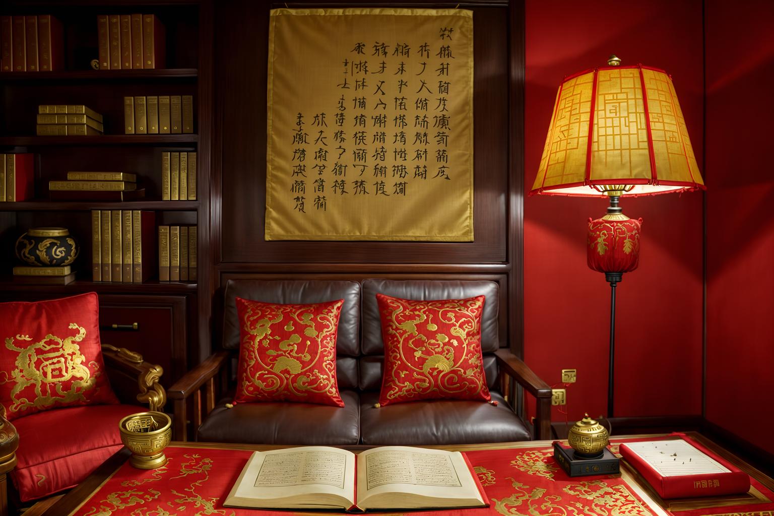 chinese new year-style (study room interior) with desk lamp and plant and writing desk and bookshelves and cabinets and lounge chair and office chair and desk lamp. . with zodiac calendar and door couplets and red and gold tassels and red fabric & pillows and chinese red lanterns and chinese knots and money tree and fai chun banners. . cinematic photo, highly detailed, cinematic lighting, ultra-detailed, ultrarealistic, photorealism, 8k. chinese new year interior design style. masterpiece, cinematic light, ultrarealistic+, photorealistic+, 8k, raw photo, realistic, sharp focus on eyes, (symmetrical eyes), (intact eyes), hyperrealistic, highest quality, best quality, , highly detailed, masterpiece, best quality, extremely detailed 8k wallpaper, masterpiece, best quality, ultra-detailed, best shadow, detailed background, detailed face, detailed eyes, high contrast, best illumination, detailed face, dulux, caustic, dynamic angle, detailed glow. dramatic lighting. highly detailed, insanely detailed hair, symmetrical, intricate details, professionally retouched, 8k high definition. strong bokeh. award winning photo.