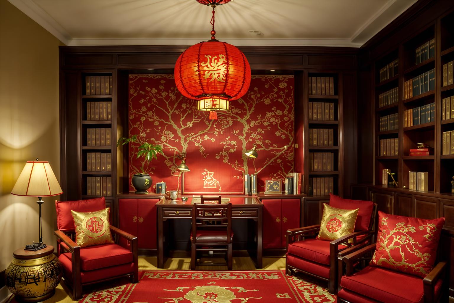 chinese new year-style (study room interior) with desk lamp and plant and writing desk and bookshelves and cabinets and lounge chair and office chair and desk lamp. . with zodiac calendar and door couplets and red and gold tassels and red fabric & pillows and chinese red lanterns and chinese knots and money tree and fai chun banners. . cinematic photo, highly detailed, cinematic lighting, ultra-detailed, ultrarealistic, photorealism, 8k. chinese new year interior design style. masterpiece, cinematic light, ultrarealistic+, photorealistic+, 8k, raw photo, realistic, sharp focus on eyes, (symmetrical eyes), (intact eyes), hyperrealistic, highest quality, best quality, , highly detailed, masterpiece, best quality, extremely detailed 8k wallpaper, masterpiece, best quality, ultra-detailed, best shadow, detailed background, detailed face, detailed eyes, high contrast, best illumination, detailed face, dulux, caustic, dynamic angle, detailed glow. dramatic lighting. highly detailed, insanely detailed hair, symmetrical, intricate details, professionally retouched, 8k high definition. strong bokeh. award winning photo.