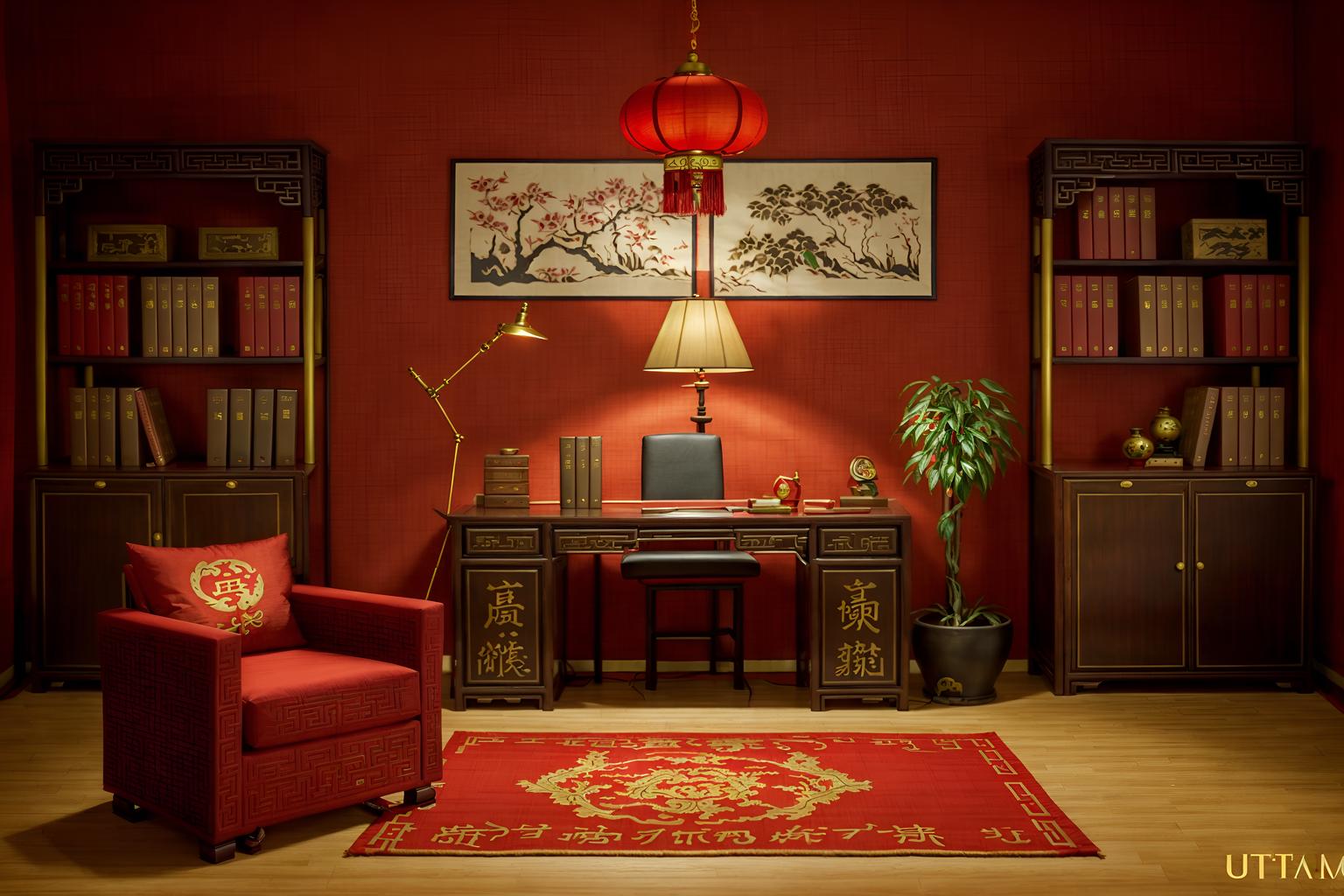 chinese new year-style (study room interior) with desk lamp and plant and writing desk and bookshelves and cabinets and lounge chair and office chair and desk lamp. . with zodiac calendar and door couplets and red and gold tassels and red fabric & pillows and chinese red lanterns and chinese knots and money tree and fai chun banners. . cinematic photo, highly detailed, cinematic lighting, ultra-detailed, ultrarealistic, photorealism, 8k. chinese new year interior design style. masterpiece, cinematic light, ultrarealistic+, photorealistic+, 8k, raw photo, realistic, sharp focus on eyes, (symmetrical eyes), (intact eyes), hyperrealistic, highest quality, best quality, , highly detailed, masterpiece, best quality, extremely detailed 8k wallpaper, masterpiece, best quality, ultra-detailed, best shadow, detailed background, detailed face, detailed eyes, high contrast, best illumination, detailed face, dulux, caustic, dynamic angle, detailed glow. dramatic lighting. highly detailed, insanely detailed hair, symmetrical, intricate details, professionally retouched, 8k high definition. strong bokeh. award winning photo.