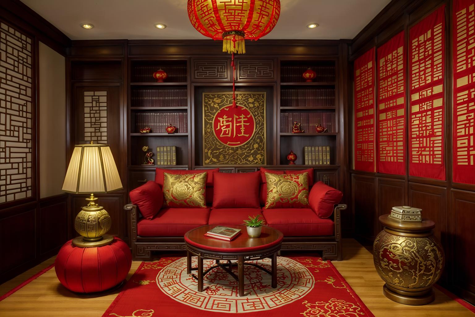 chinese new year-style (study room interior) with desk lamp and plant and writing desk and bookshelves and cabinets and lounge chair and office chair and desk lamp. . with zodiac calendar and door couplets and red and gold tassels and red fabric & pillows and chinese red lanterns and chinese knots and money tree and fai chun banners. . cinematic photo, highly detailed, cinematic lighting, ultra-detailed, ultrarealistic, photorealism, 8k. chinese new year interior design style. masterpiece, cinematic light, ultrarealistic+, photorealistic+, 8k, raw photo, realistic, sharp focus on eyes, (symmetrical eyes), (intact eyes), hyperrealistic, highest quality, best quality, , highly detailed, masterpiece, best quality, extremely detailed 8k wallpaper, masterpiece, best quality, ultra-detailed, best shadow, detailed background, detailed face, detailed eyes, high contrast, best illumination, detailed face, dulux, caustic, dynamic angle, detailed glow. dramatic lighting. highly detailed, insanely detailed hair, symmetrical, intricate details, professionally retouched, 8k high definition. strong bokeh. award winning photo.