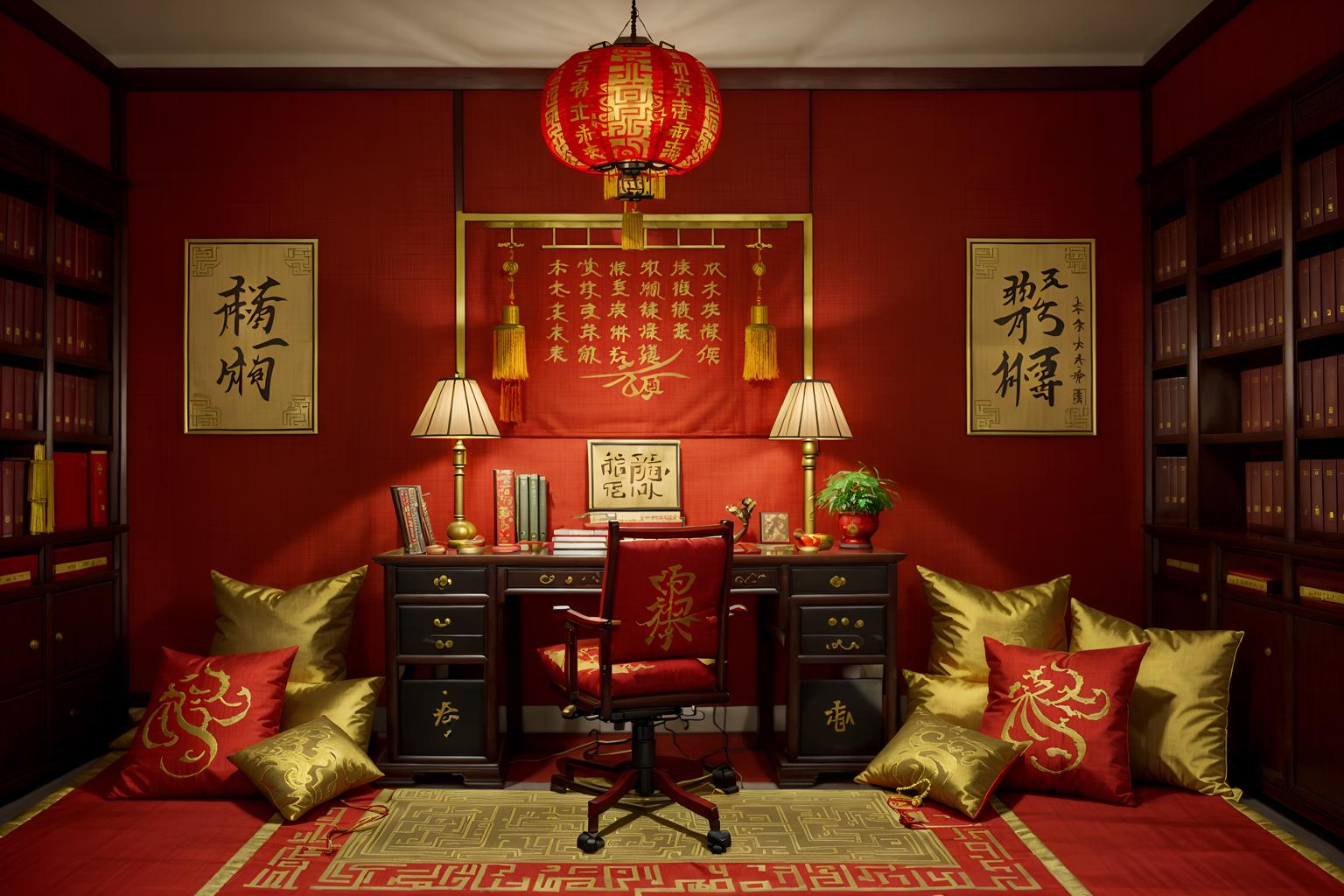 chinese new year-style (study room interior) with desk lamp and plant and writing desk and bookshelves and cabinets and lounge chair and office chair and desk lamp. . with zodiac calendar and door couplets and red and gold tassels and red fabric & pillows and chinese red lanterns and chinese knots and money tree and fai chun banners. . cinematic photo, highly detailed, cinematic lighting, ultra-detailed, ultrarealistic, photorealism, 8k. chinese new year interior design style. masterpiece, cinematic light, ultrarealistic+, photorealistic+, 8k, raw photo, realistic, sharp focus on eyes, (symmetrical eyes), (intact eyes), hyperrealistic, highest quality, best quality, , highly detailed, masterpiece, best quality, extremely detailed 8k wallpaper, masterpiece, best quality, ultra-detailed, best shadow, detailed background, detailed face, detailed eyes, high contrast, best illumination, detailed face, dulux, caustic, dynamic angle, detailed glow. dramatic lighting. highly detailed, insanely detailed hair, symmetrical, intricate details, professionally retouched, 8k high definition. strong bokeh. award winning photo.