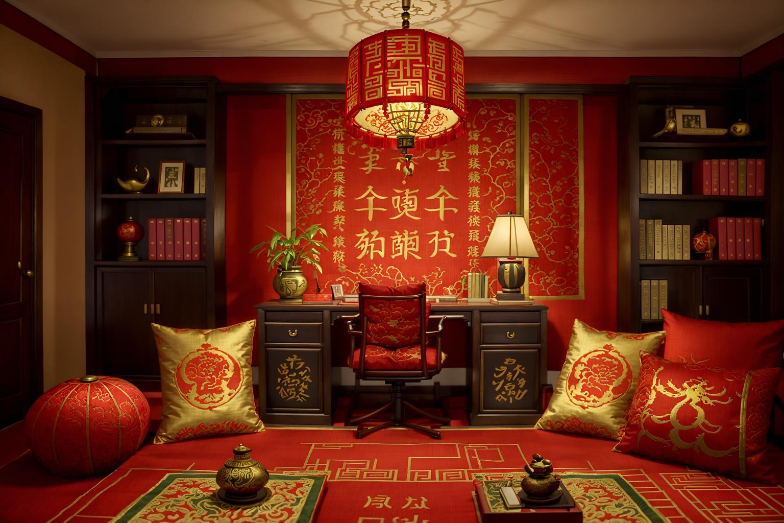 chinese new year-style (study room interior) with desk lamp and plant and writing desk and bookshelves and cabinets and lounge chair and office chair and desk lamp. . with zodiac calendar and door couplets and red and gold tassels and red fabric & pillows and chinese red lanterns and chinese knots and money tree and fai chun banners. . cinematic photo, highly detailed, cinematic lighting, ultra-detailed, ultrarealistic, photorealism, 8k. chinese new year interior design style. masterpiece, cinematic light, ultrarealistic+, photorealistic+, 8k, raw photo, realistic, sharp focus on eyes, (symmetrical eyes), (intact eyes), hyperrealistic, highest quality, best quality, , highly detailed, masterpiece, best quality, extremely detailed 8k wallpaper, masterpiece, best quality, ultra-detailed, best shadow, detailed background, detailed face, detailed eyes, high contrast, best illumination, detailed face, dulux, caustic, dynamic angle, detailed glow. dramatic lighting. highly detailed, insanely detailed hair, symmetrical, intricate details, professionally retouched, 8k high definition. strong bokeh. award winning photo.