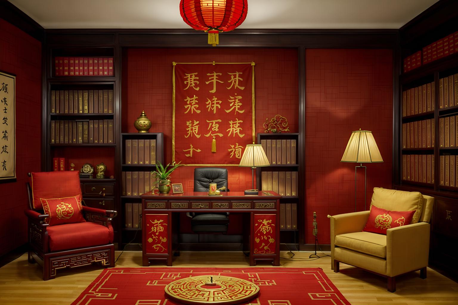 chinese new year-style (study room interior) with desk lamp and plant and writing desk and bookshelves and cabinets and lounge chair and office chair and desk lamp. . with zodiac calendar and door couplets and red and gold tassels and red fabric & pillows and chinese red lanterns and chinese knots and money tree and fai chun banners. . cinematic photo, highly detailed, cinematic lighting, ultra-detailed, ultrarealistic, photorealism, 8k. chinese new year interior design style. masterpiece, cinematic light, ultrarealistic+, photorealistic+, 8k, raw photo, realistic, sharp focus on eyes, (symmetrical eyes), (intact eyes), hyperrealistic, highest quality, best quality, , highly detailed, masterpiece, best quality, extremely detailed 8k wallpaper, masterpiece, best quality, ultra-detailed, best shadow, detailed background, detailed face, detailed eyes, high contrast, best illumination, detailed face, dulux, caustic, dynamic angle, detailed glow. dramatic lighting. highly detailed, insanely detailed hair, symmetrical, intricate details, professionally retouched, 8k high definition. strong bokeh. award winning photo.