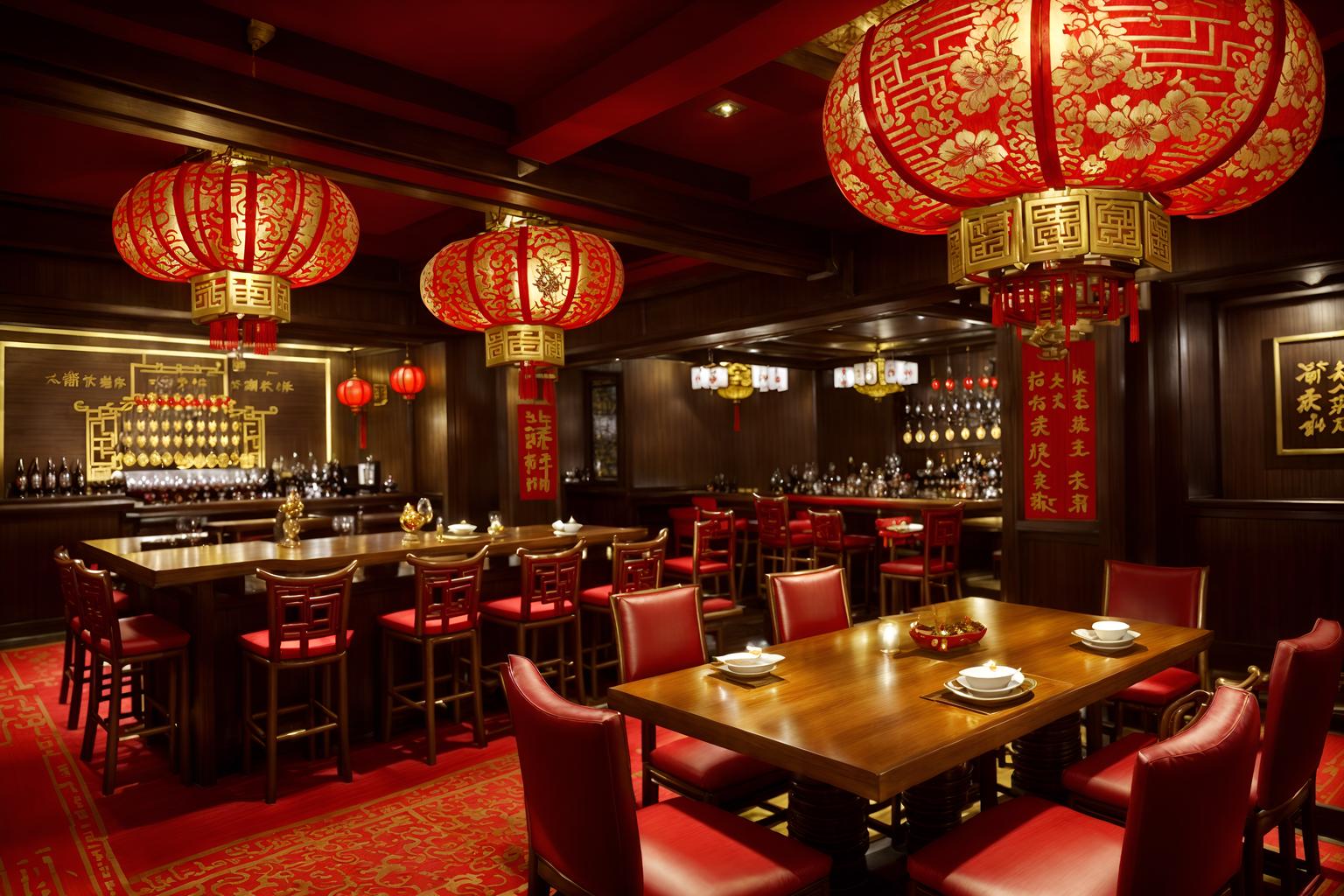 chinese new year-style (restaurant interior) with restaurant bar and restaurant chairs and restaurant dining tables and restaurant decor and restaurant bar. . with fai chun banners and chinese red lanterns and chinese knots and gold ingots and red and gold candles and vases of plum blossoms and orchids and door couplets and paper cuttings. . cinematic photo, highly detailed, cinematic lighting, ultra-detailed, ultrarealistic, photorealism, 8k. chinese new year interior design style. masterpiece, cinematic light, ultrarealistic+, photorealistic+, 8k, raw photo, realistic, sharp focus on eyes, (symmetrical eyes), (intact eyes), hyperrealistic, highest quality, best quality, , highly detailed, masterpiece, best quality, extremely detailed 8k wallpaper, masterpiece, best quality, ultra-detailed, best shadow, detailed background, detailed face, detailed eyes, high contrast, best illumination, detailed face, dulux, caustic, dynamic angle, detailed glow. dramatic lighting. highly detailed, insanely detailed hair, symmetrical, intricate details, professionally retouched, 8k high definition. strong bokeh. award winning photo.