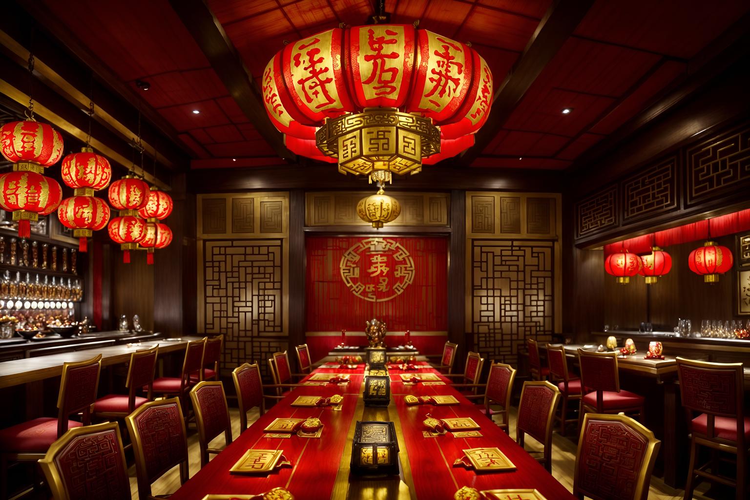 chinese new year-style (restaurant interior) with restaurant bar and restaurant chairs and restaurant dining tables and restaurant decor and restaurant bar. . with fai chun banners and chinese red lanterns and chinese knots and gold ingots and red and gold candles and vases of plum blossoms and orchids and door couplets and paper cuttings. . cinematic photo, highly detailed, cinematic lighting, ultra-detailed, ultrarealistic, photorealism, 8k. chinese new year interior design style. masterpiece, cinematic light, ultrarealistic+, photorealistic+, 8k, raw photo, realistic, sharp focus on eyes, (symmetrical eyes), (intact eyes), hyperrealistic, highest quality, best quality, , highly detailed, masterpiece, best quality, extremely detailed 8k wallpaper, masterpiece, best quality, ultra-detailed, best shadow, detailed background, detailed face, detailed eyes, high contrast, best illumination, detailed face, dulux, caustic, dynamic angle, detailed glow. dramatic lighting. highly detailed, insanely detailed hair, symmetrical, intricate details, professionally retouched, 8k high definition. strong bokeh. award winning photo.