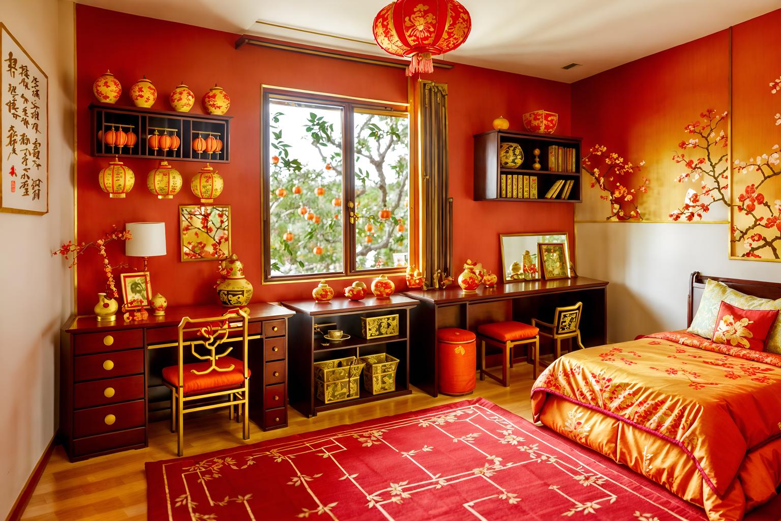 chinese new year-style (kids room interior) with kids desk and dresser closet and mirror and storage bench or ottoman and plant and accent chair and bed and headboard. . with red and gold candles and kumquat trees and chinese knots and vases of plum blossoms and orchids and door couplets and gold ingots and orange trees and paper cuttings. . cinematic photo, highly detailed, cinematic lighting, ultra-detailed, ultrarealistic, photorealism, 8k. chinese new year interior design style. masterpiece, cinematic light, ultrarealistic+, photorealistic+, 8k, raw photo, realistic, sharp focus on eyes, (symmetrical eyes), (intact eyes), hyperrealistic, highest quality, best quality, , highly detailed, masterpiece, best quality, extremely detailed 8k wallpaper, masterpiece, best quality, ultra-detailed, best shadow, detailed background, detailed face, detailed eyes, high contrast, best illumination, detailed face, dulux, caustic, dynamic angle, detailed glow. dramatic lighting. highly detailed, insanely detailed hair, symmetrical, intricate details, professionally retouched, 8k high definition. strong bokeh. award winning photo.