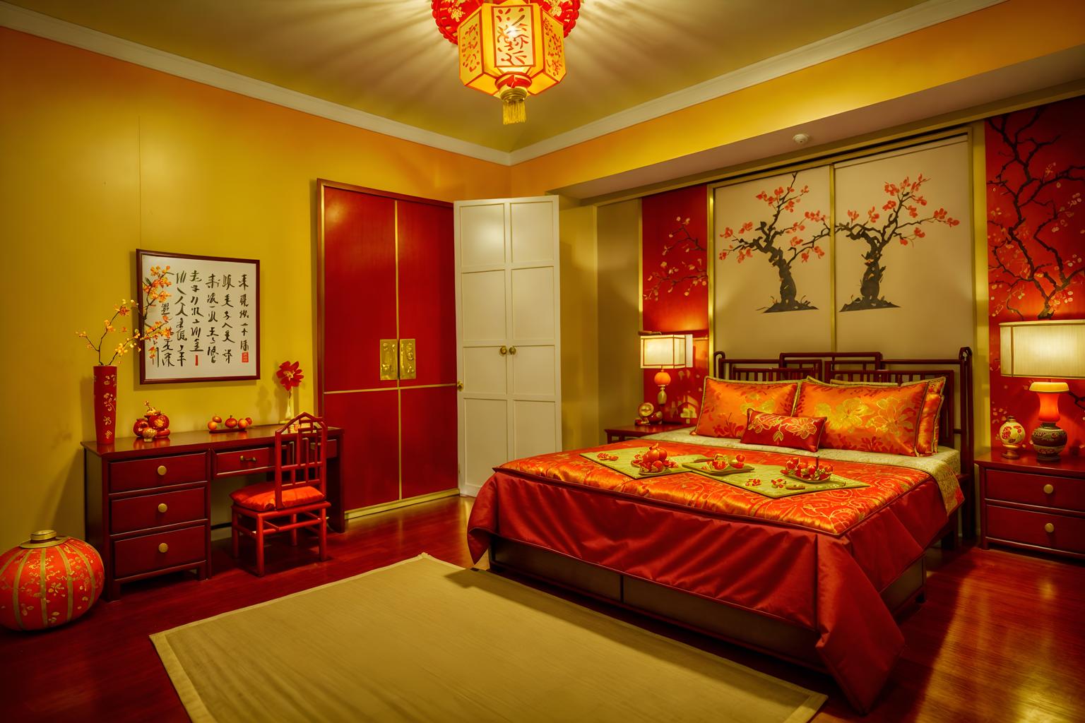 chinese new year-style (kids room interior) with kids desk and dresser closet and mirror and storage bench or ottoman and plant and accent chair and bed and headboard. . with red and gold candles and kumquat trees and chinese knots and vases of plum blossoms and orchids and door couplets and gold ingots and orange trees and paper cuttings. . cinematic photo, highly detailed, cinematic lighting, ultra-detailed, ultrarealistic, photorealism, 8k. chinese new year interior design style. masterpiece, cinematic light, ultrarealistic+, photorealistic+, 8k, raw photo, realistic, sharp focus on eyes, (symmetrical eyes), (intact eyes), hyperrealistic, highest quality, best quality, , highly detailed, masterpiece, best quality, extremely detailed 8k wallpaper, masterpiece, best quality, ultra-detailed, best shadow, detailed background, detailed face, detailed eyes, high contrast, best illumination, detailed face, dulux, caustic, dynamic angle, detailed glow. dramatic lighting. highly detailed, insanely detailed hair, symmetrical, intricate details, professionally retouched, 8k high definition. strong bokeh. award winning photo.