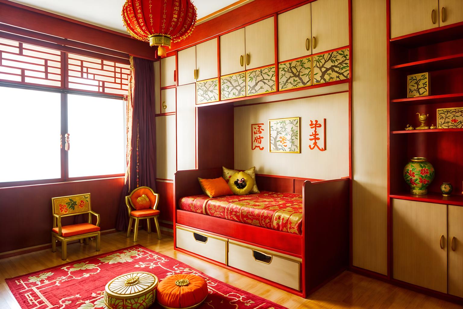 chinese new year-style (kids room interior) with kids desk and dresser closet and mirror and storage bench or ottoman and plant and accent chair and bed and headboard. . with red and gold candles and kumquat trees and chinese knots and vases of plum blossoms and orchids and door couplets and gold ingots and orange trees and paper cuttings. . cinematic photo, highly detailed, cinematic lighting, ultra-detailed, ultrarealistic, photorealism, 8k. chinese new year interior design style. masterpiece, cinematic light, ultrarealistic+, photorealistic+, 8k, raw photo, realistic, sharp focus on eyes, (symmetrical eyes), (intact eyes), hyperrealistic, highest quality, best quality, , highly detailed, masterpiece, best quality, extremely detailed 8k wallpaper, masterpiece, best quality, ultra-detailed, best shadow, detailed background, detailed face, detailed eyes, high contrast, best illumination, detailed face, dulux, caustic, dynamic angle, detailed glow. dramatic lighting. highly detailed, insanely detailed hair, symmetrical, intricate details, professionally retouched, 8k high definition. strong bokeh. award winning photo.