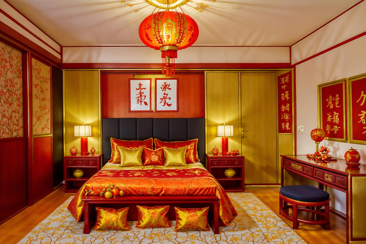 chinese new year-style (kids room interior) with kids desk and dresser closet and mirror and storage bench or ottoman and plant and accent chair and bed and headboard. . with red and gold candles and kumquat trees and chinese knots and vases of plum blossoms and orchids and door couplets and gold ingots and orange trees and paper cuttings. . cinematic photo, highly detailed, cinematic lighting, ultra-detailed, ultrarealistic, photorealism, 8k. chinese new year interior design style. masterpiece, cinematic light, ultrarealistic+, photorealistic+, 8k, raw photo, realistic, sharp focus on eyes, (symmetrical eyes), (intact eyes), hyperrealistic, highest quality, best quality, , highly detailed, masterpiece, best quality, extremely detailed 8k wallpaper, masterpiece, best quality, ultra-detailed, best shadow, detailed background, detailed face, detailed eyes, high contrast, best illumination, detailed face, dulux, caustic, dynamic angle, detailed glow. dramatic lighting. highly detailed, insanely detailed hair, symmetrical, intricate details, professionally retouched, 8k high definition. strong bokeh. award winning photo.