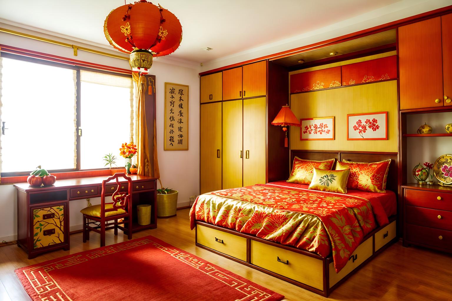 chinese new year-style (kids room interior) with kids desk and dresser closet and mirror and storage bench or ottoman and plant and accent chair and bed and headboard. . with red and gold candles and kumquat trees and chinese knots and vases of plum blossoms and orchids and door couplets and gold ingots and orange trees and paper cuttings. . cinematic photo, highly detailed, cinematic lighting, ultra-detailed, ultrarealistic, photorealism, 8k. chinese new year interior design style. masterpiece, cinematic light, ultrarealistic+, photorealistic+, 8k, raw photo, realistic, sharp focus on eyes, (symmetrical eyes), (intact eyes), hyperrealistic, highest quality, best quality, , highly detailed, masterpiece, best quality, extremely detailed 8k wallpaper, masterpiece, best quality, ultra-detailed, best shadow, detailed background, detailed face, detailed eyes, high contrast, best illumination, detailed face, dulux, caustic, dynamic angle, detailed glow. dramatic lighting. highly detailed, insanely detailed hair, symmetrical, intricate details, professionally retouched, 8k high definition. strong bokeh. award winning photo.