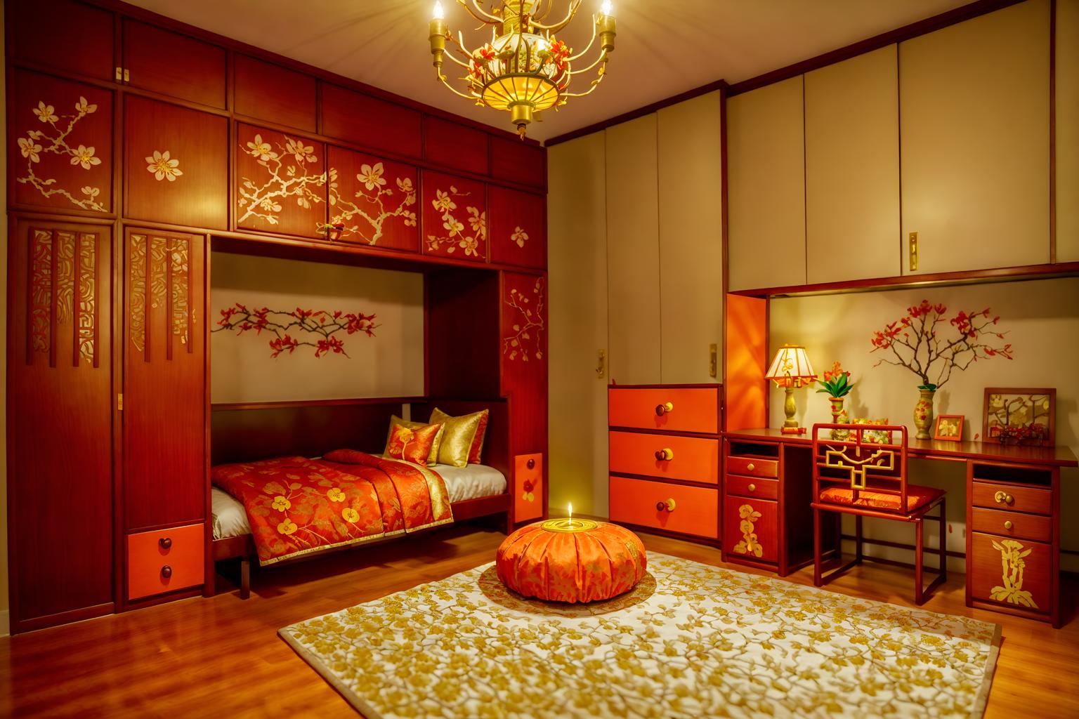 chinese new year-style (kids room interior) with kids desk and dresser closet and mirror and storage bench or ottoman and plant and accent chair and bed and headboard. . with red and gold candles and kumquat trees and chinese knots and vases of plum blossoms and orchids and door couplets and gold ingots and orange trees and paper cuttings. . cinematic photo, highly detailed, cinematic lighting, ultra-detailed, ultrarealistic, photorealism, 8k. chinese new year interior design style. masterpiece, cinematic light, ultrarealistic+, photorealistic+, 8k, raw photo, realistic, sharp focus on eyes, (symmetrical eyes), (intact eyes), hyperrealistic, highest quality, best quality, , highly detailed, masterpiece, best quality, extremely detailed 8k wallpaper, masterpiece, best quality, ultra-detailed, best shadow, detailed background, detailed face, detailed eyes, high contrast, best illumination, detailed face, dulux, caustic, dynamic angle, detailed glow. dramatic lighting. highly detailed, insanely detailed hair, symmetrical, intricate details, professionally retouched, 8k high definition. strong bokeh. award winning photo.