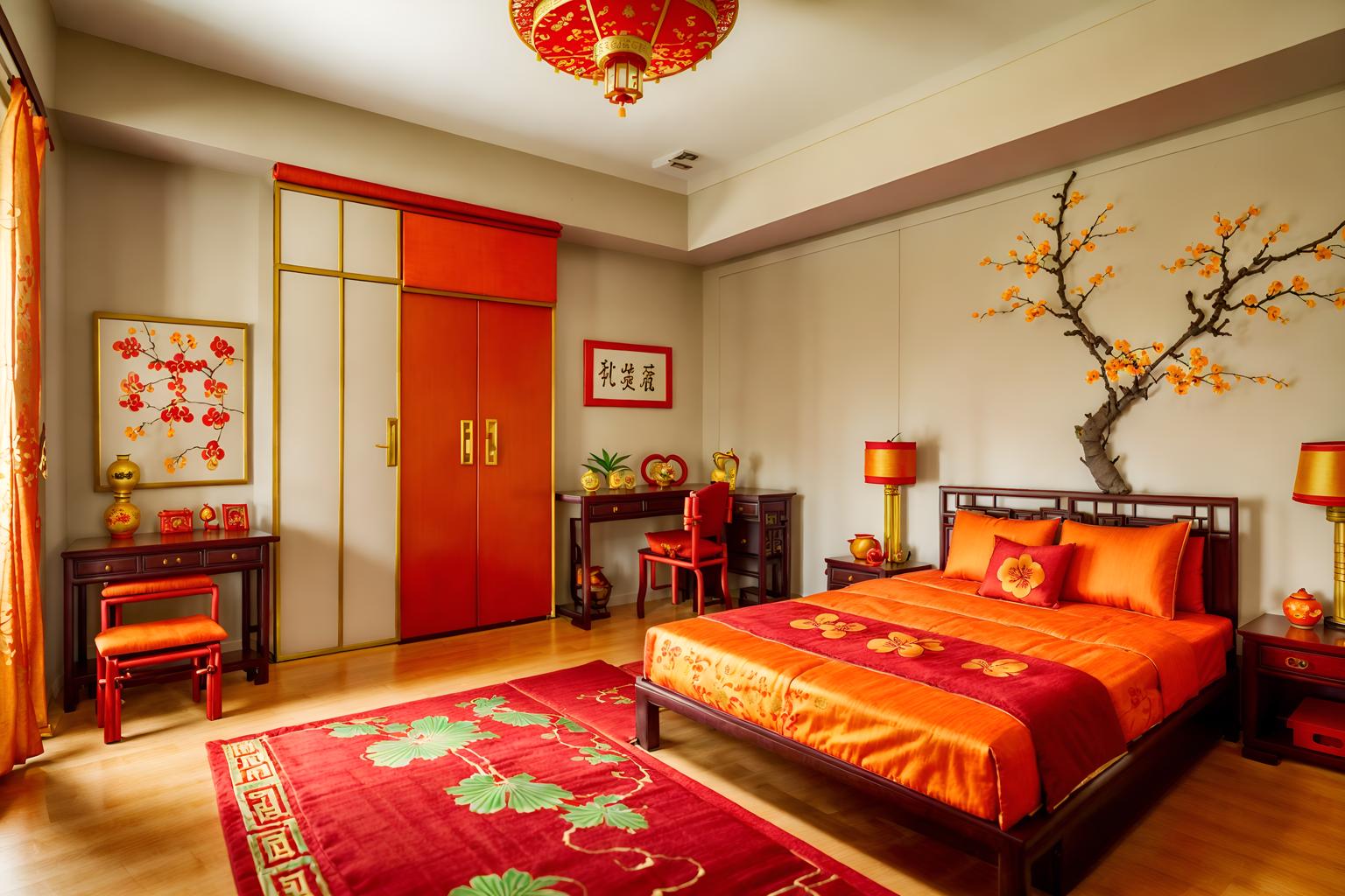 chinese new year-style (kids room interior) with kids desk and dresser closet and mirror and storage bench or ottoman and plant and accent chair and bed and headboard. . with red and gold candles and kumquat trees and chinese knots and vases of plum blossoms and orchids and door couplets and gold ingots and orange trees and paper cuttings. . cinematic photo, highly detailed, cinematic lighting, ultra-detailed, ultrarealistic, photorealism, 8k. chinese new year interior design style. masterpiece, cinematic light, ultrarealistic+, photorealistic+, 8k, raw photo, realistic, sharp focus on eyes, (symmetrical eyes), (intact eyes), hyperrealistic, highest quality, best quality, , highly detailed, masterpiece, best quality, extremely detailed 8k wallpaper, masterpiece, best quality, ultra-detailed, best shadow, detailed background, detailed face, detailed eyes, high contrast, best illumination, detailed face, dulux, caustic, dynamic angle, detailed glow. dramatic lighting. highly detailed, insanely detailed hair, symmetrical, intricate details, professionally retouched, 8k high definition. strong bokeh. award winning photo.