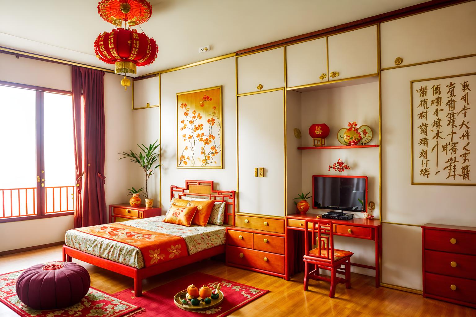 chinese new year-style (kids room interior) with kids desk and dresser closet and mirror and storage bench or ottoman and plant and accent chair and bed and headboard. . with red and gold candles and kumquat trees and chinese knots and vases of plum blossoms and orchids and door couplets and gold ingots and orange trees and paper cuttings. . cinematic photo, highly detailed, cinematic lighting, ultra-detailed, ultrarealistic, photorealism, 8k. chinese new year interior design style. masterpiece, cinematic light, ultrarealistic+, photorealistic+, 8k, raw photo, realistic, sharp focus on eyes, (symmetrical eyes), (intact eyes), hyperrealistic, highest quality, best quality, , highly detailed, masterpiece, best quality, extremely detailed 8k wallpaper, masterpiece, best quality, ultra-detailed, best shadow, detailed background, detailed face, detailed eyes, high contrast, best illumination, detailed face, dulux, caustic, dynamic angle, detailed glow. dramatic lighting. highly detailed, insanely detailed hair, symmetrical, intricate details, professionally retouched, 8k high definition. strong bokeh. award winning photo.