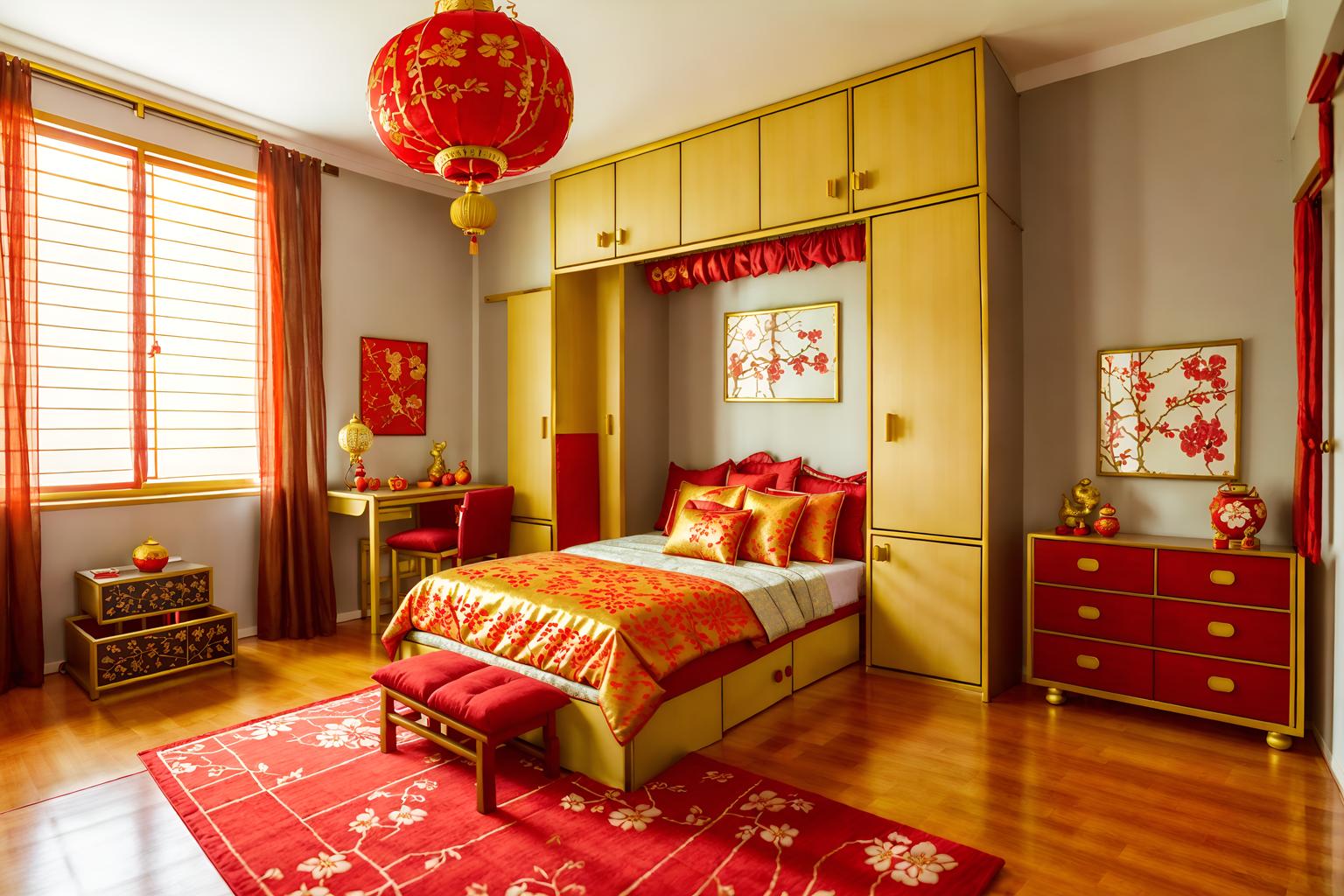 chinese new year-style (kids room interior) with kids desk and dresser closet and mirror and storage bench or ottoman and plant and accent chair and bed and headboard. . with red and gold candles and kumquat trees and chinese knots and vases of plum blossoms and orchids and door couplets and gold ingots and orange trees and paper cuttings. . cinematic photo, highly detailed, cinematic lighting, ultra-detailed, ultrarealistic, photorealism, 8k. chinese new year interior design style. masterpiece, cinematic light, ultrarealistic+, photorealistic+, 8k, raw photo, realistic, sharp focus on eyes, (symmetrical eyes), (intact eyes), hyperrealistic, highest quality, best quality, , highly detailed, masterpiece, best quality, extremely detailed 8k wallpaper, masterpiece, best quality, ultra-detailed, best shadow, detailed background, detailed face, detailed eyes, high contrast, best illumination, detailed face, dulux, caustic, dynamic angle, detailed glow. dramatic lighting. highly detailed, insanely detailed hair, symmetrical, intricate details, professionally retouched, 8k high definition. strong bokeh. award winning photo.