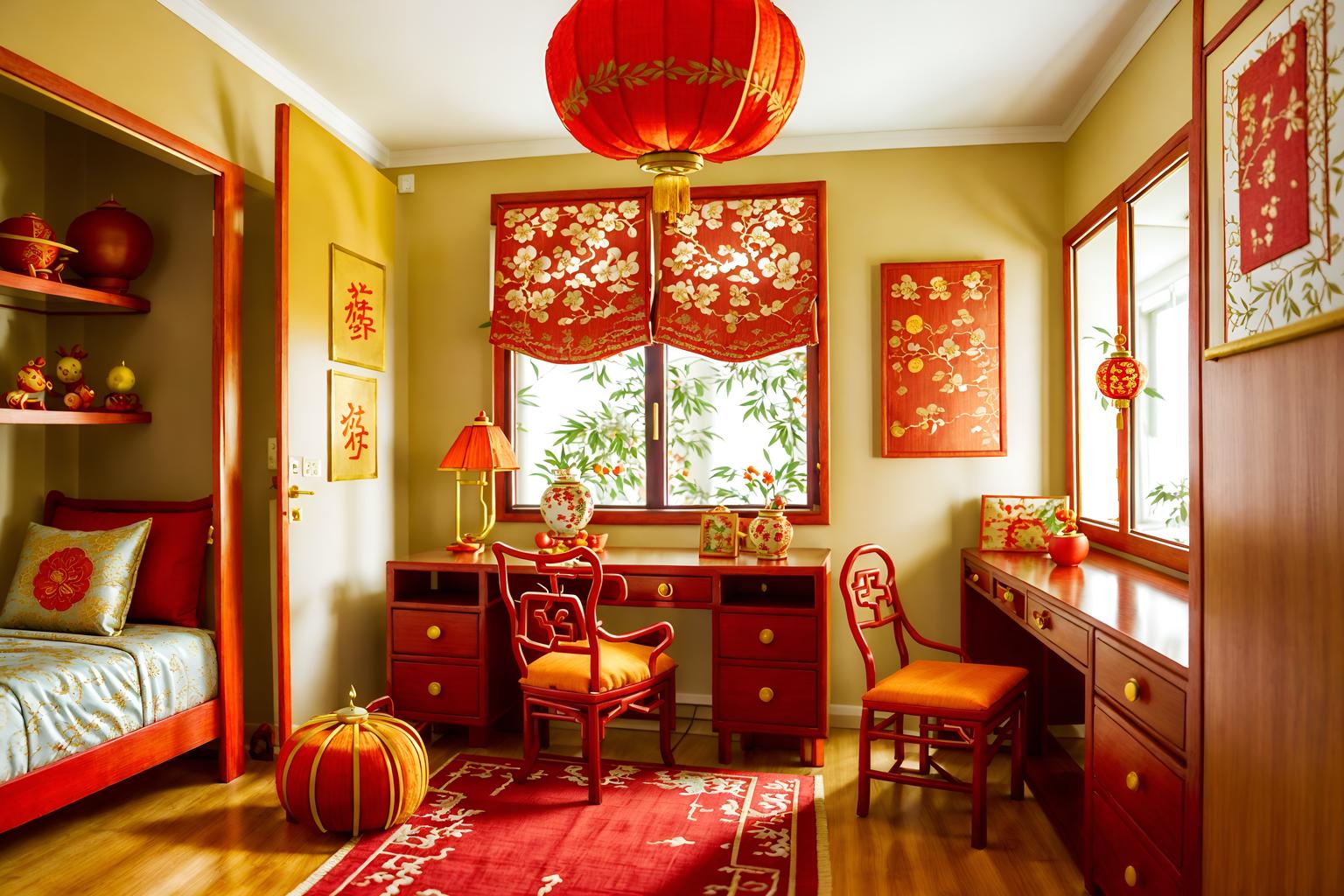 chinese new year-style (kids room interior) with kids desk and dresser closet and mirror and storage bench or ottoman and plant and accent chair and bed and headboard. . with red and gold candles and kumquat trees and chinese knots and vases of plum blossoms and orchids and door couplets and gold ingots and orange trees and paper cuttings. . cinematic photo, highly detailed, cinematic lighting, ultra-detailed, ultrarealistic, photorealism, 8k. chinese new year interior design style. masterpiece, cinematic light, ultrarealistic+, photorealistic+, 8k, raw photo, realistic, sharp focus on eyes, (symmetrical eyes), (intact eyes), hyperrealistic, highest quality, best quality, , highly detailed, masterpiece, best quality, extremely detailed 8k wallpaper, masterpiece, best quality, ultra-detailed, best shadow, detailed background, detailed face, detailed eyes, high contrast, best illumination, detailed face, dulux, caustic, dynamic angle, detailed glow. dramatic lighting. highly detailed, insanely detailed hair, symmetrical, intricate details, professionally retouched, 8k high definition. strong bokeh. award winning photo.