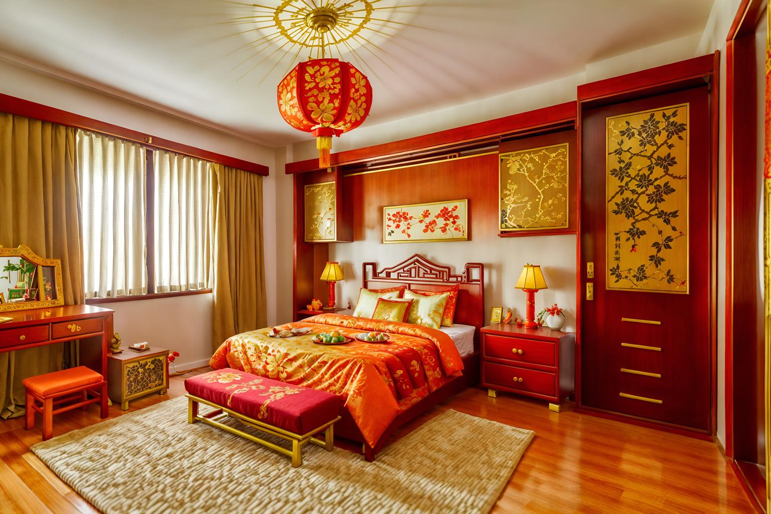 chinese new year-style (kids room interior) with kids desk and dresser closet and mirror and storage bench or ottoman and plant and accent chair and bed and headboard. . with red and gold candles and kumquat trees and chinese knots and vases of plum blossoms and orchids and door couplets and gold ingots and orange trees and paper cuttings. . cinematic photo, highly detailed, cinematic lighting, ultra-detailed, ultrarealistic, photorealism, 8k. chinese new year interior design style. masterpiece, cinematic light, ultrarealistic+, photorealistic+, 8k, raw photo, realistic, sharp focus on eyes, (symmetrical eyes), (intact eyes), hyperrealistic, highest quality, best quality, , highly detailed, masterpiece, best quality, extremely detailed 8k wallpaper, masterpiece, best quality, ultra-detailed, best shadow, detailed background, detailed face, detailed eyes, high contrast, best illumination, detailed face, dulux, caustic, dynamic angle, detailed glow. dramatic lighting. highly detailed, insanely detailed hair, symmetrical, intricate details, professionally retouched, 8k high definition. strong bokeh. award winning photo.