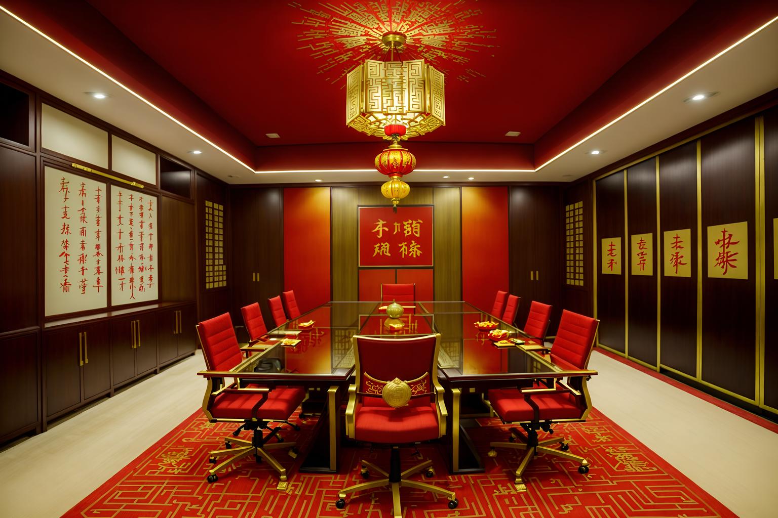 chinese new year-style (meeting room interior) with cabinets and office chairs and vase and glass walls and painting or photo on wall and boardroom table and glass doors and plant. . with red and gold candles and gold ingots and kumquat trees and zodiac calendar and paper firecrackers and chinese knots and red and gold tassels and door couplets. . cinematic photo, highly detailed, cinematic lighting, ultra-detailed, ultrarealistic, photorealism, 8k. chinese new year interior design style. masterpiece, cinematic light, ultrarealistic+, photorealistic+, 8k, raw photo, realistic, sharp focus on eyes, (symmetrical eyes), (intact eyes), hyperrealistic, highest quality, best quality, , highly detailed, masterpiece, best quality, extremely detailed 8k wallpaper, masterpiece, best quality, ultra-detailed, best shadow, detailed background, detailed face, detailed eyes, high contrast, best illumination, detailed face, dulux, caustic, dynamic angle, detailed glow. dramatic lighting. highly detailed, insanely detailed hair, symmetrical, intricate details, professionally retouched, 8k high definition. strong bokeh. award winning photo.