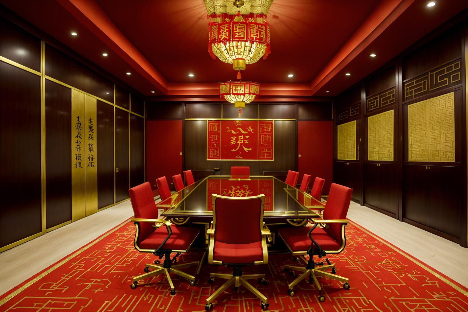 chinese new year-style (meeting room interior) with cabinets and office chairs and vase and glass walls and painting or photo on wall and boardroom table and glass doors and plant. . with red and gold candles and gold ingots and kumquat trees and zodiac calendar and paper firecrackers and chinese knots and red and gold tassels and door couplets. . cinematic photo, highly detailed, cinematic lighting, ultra-detailed, ultrarealistic, photorealism, 8k. chinese new year interior design style. masterpiece, cinematic light, ultrarealistic+, photorealistic+, 8k, raw photo, realistic, sharp focus on eyes, (symmetrical eyes), (intact eyes), hyperrealistic, highest quality, best quality, , highly detailed, masterpiece, best quality, extremely detailed 8k wallpaper, masterpiece, best quality, ultra-detailed, best shadow, detailed background, detailed face, detailed eyes, high contrast, best illumination, detailed face, dulux, caustic, dynamic angle, detailed glow. dramatic lighting. highly detailed, insanely detailed hair, symmetrical, intricate details, professionally retouched, 8k high definition. strong bokeh. award winning photo.