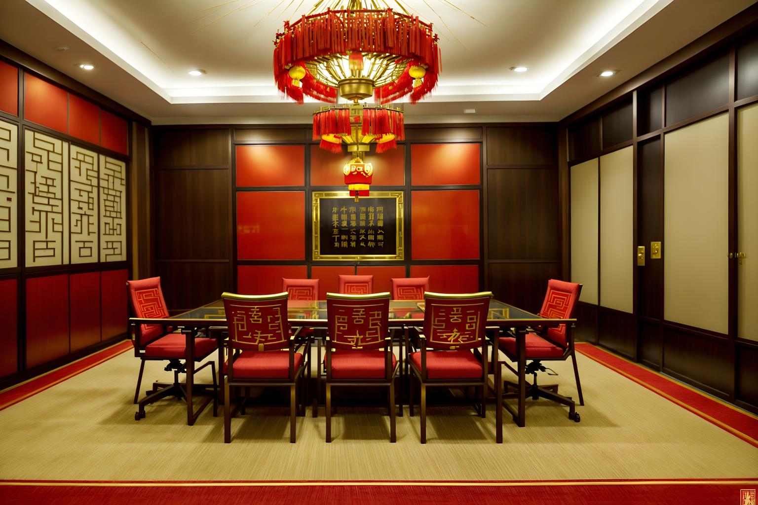 chinese new year-style (meeting room interior) with cabinets and office chairs and vase and glass walls and painting or photo on wall and boardroom table and glass doors and plant. . with red and gold candles and gold ingots and kumquat trees and zodiac calendar and paper firecrackers and chinese knots and red and gold tassels and door couplets. . cinematic photo, highly detailed, cinematic lighting, ultra-detailed, ultrarealistic, photorealism, 8k. chinese new year interior design style. masterpiece, cinematic light, ultrarealistic+, photorealistic+, 8k, raw photo, realistic, sharp focus on eyes, (symmetrical eyes), (intact eyes), hyperrealistic, highest quality, best quality, , highly detailed, masterpiece, best quality, extremely detailed 8k wallpaper, masterpiece, best quality, ultra-detailed, best shadow, detailed background, detailed face, detailed eyes, high contrast, best illumination, detailed face, dulux, caustic, dynamic angle, detailed glow. dramatic lighting. highly detailed, insanely detailed hair, symmetrical, intricate details, professionally retouched, 8k high definition. strong bokeh. award winning photo.