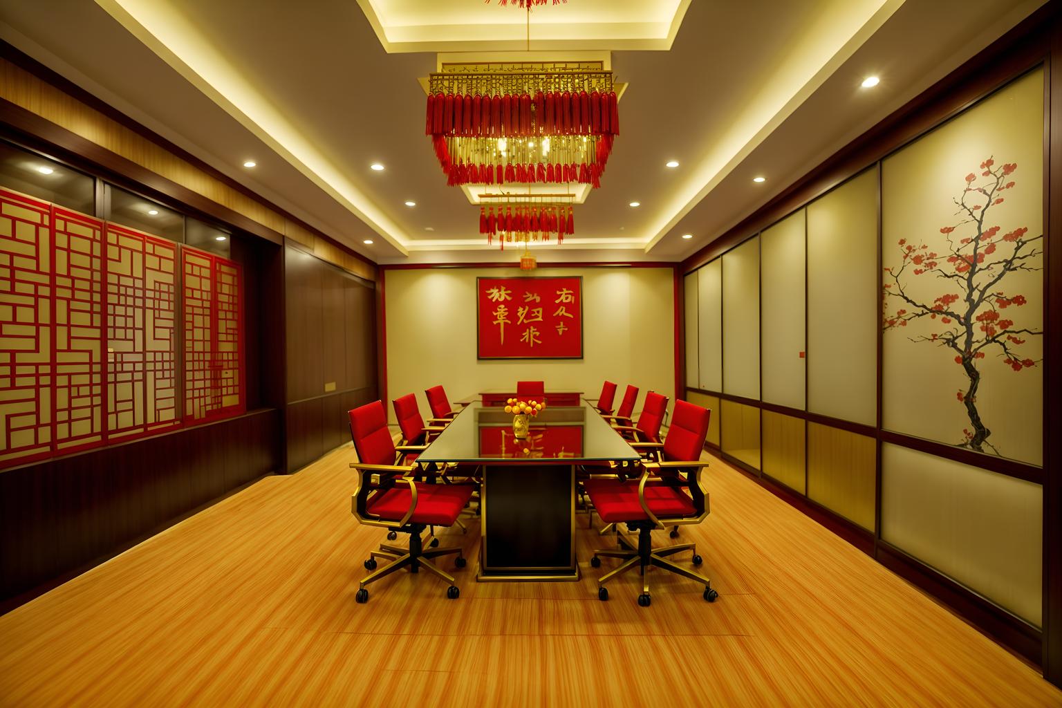 chinese new year-style (meeting room interior) with cabinets and office chairs and vase and glass walls and painting or photo on wall and boardroom table and glass doors and plant. . with red and gold candles and gold ingots and kumquat trees and zodiac calendar and paper firecrackers and chinese knots and red and gold tassels and door couplets. . cinematic photo, highly detailed, cinematic lighting, ultra-detailed, ultrarealistic, photorealism, 8k. chinese new year interior design style. masterpiece, cinematic light, ultrarealistic+, photorealistic+, 8k, raw photo, realistic, sharp focus on eyes, (symmetrical eyes), (intact eyes), hyperrealistic, highest quality, best quality, , highly detailed, masterpiece, best quality, extremely detailed 8k wallpaper, masterpiece, best quality, ultra-detailed, best shadow, detailed background, detailed face, detailed eyes, high contrast, best illumination, detailed face, dulux, caustic, dynamic angle, detailed glow. dramatic lighting. highly detailed, insanely detailed hair, symmetrical, intricate details, professionally retouched, 8k high definition. strong bokeh. award winning photo.