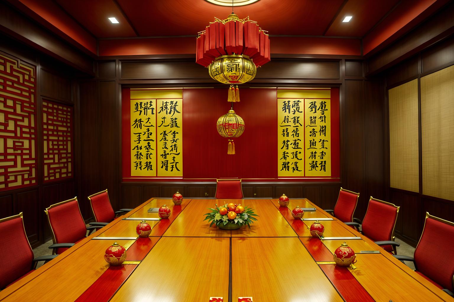 chinese new year-style (meeting room interior) with cabinets and office chairs and vase and glass walls and painting or photo on wall and boardroom table and glass doors and plant. . with red and gold candles and gold ingots and kumquat trees and zodiac calendar and paper firecrackers and chinese knots and red and gold tassels and door couplets. . cinematic photo, highly detailed, cinematic lighting, ultra-detailed, ultrarealistic, photorealism, 8k. chinese new year interior design style. masterpiece, cinematic light, ultrarealistic+, photorealistic+, 8k, raw photo, realistic, sharp focus on eyes, (symmetrical eyes), (intact eyes), hyperrealistic, highest quality, best quality, , highly detailed, masterpiece, best quality, extremely detailed 8k wallpaper, masterpiece, best quality, ultra-detailed, best shadow, detailed background, detailed face, detailed eyes, high contrast, best illumination, detailed face, dulux, caustic, dynamic angle, detailed glow. dramatic lighting. highly detailed, insanely detailed hair, symmetrical, intricate details, professionally retouched, 8k high definition. strong bokeh. award winning photo.