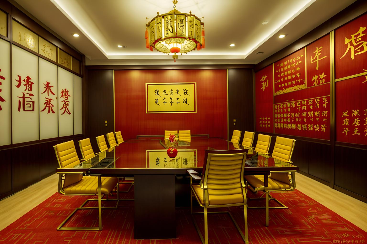 chinese new year-style (meeting room interior) with cabinets and office chairs and vase and glass walls and painting or photo on wall and boardroom table and glass doors and plant. . with red and gold candles and gold ingots and kumquat trees and zodiac calendar and paper firecrackers and chinese knots and red and gold tassels and door couplets. . cinematic photo, highly detailed, cinematic lighting, ultra-detailed, ultrarealistic, photorealism, 8k. chinese new year interior design style. masterpiece, cinematic light, ultrarealistic+, photorealistic+, 8k, raw photo, realistic, sharp focus on eyes, (symmetrical eyes), (intact eyes), hyperrealistic, highest quality, best quality, , highly detailed, masterpiece, best quality, extremely detailed 8k wallpaper, masterpiece, best quality, ultra-detailed, best shadow, detailed background, detailed face, detailed eyes, high contrast, best illumination, detailed face, dulux, caustic, dynamic angle, detailed glow. dramatic lighting. highly detailed, insanely detailed hair, symmetrical, intricate details, professionally retouched, 8k high definition. strong bokeh. award winning photo.