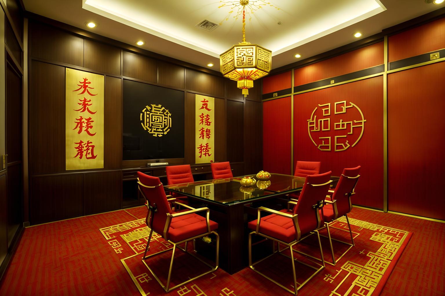 chinese new year-style (meeting room interior) with cabinets and office chairs and vase and glass walls and painting or photo on wall and boardroom table and glass doors and plant. . with red and gold candles and gold ingots and kumquat trees and zodiac calendar and paper firecrackers and chinese knots and red and gold tassels and door couplets. . cinematic photo, highly detailed, cinematic lighting, ultra-detailed, ultrarealistic, photorealism, 8k. chinese new year interior design style. masterpiece, cinematic light, ultrarealistic+, photorealistic+, 8k, raw photo, realistic, sharp focus on eyes, (symmetrical eyes), (intact eyes), hyperrealistic, highest quality, best quality, , highly detailed, masterpiece, best quality, extremely detailed 8k wallpaper, masterpiece, best quality, ultra-detailed, best shadow, detailed background, detailed face, detailed eyes, high contrast, best illumination, detailed face, dulux, caustic, dynamic angle, detailed glow. dramatic lighting. highly detailed, insanely detailed hair, symmetrical, intricate details, professionally retouched, 8k high definition. strong bokeh. award winning photo.