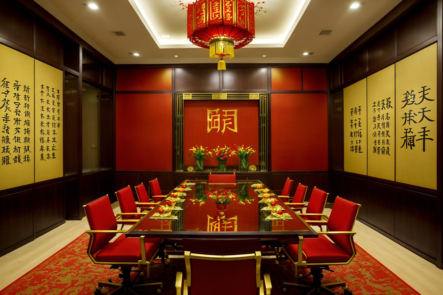 chinese new year-style (meeting room interior) with cabinets and office chairs and vase and glass walls and painting or photo on wall and boardroom table and glass doors and plant. . with red and gold candles and gold ingots and kumquat trees and zodiac calendar and paper firecrackers and chinese knots and red and gold tassels and door couplets. . cinematic photo, highly detailed, cinematic lighting, ultra-detailed, ultrarealistic, photorealism, 8k. chinese new year interior design style. masterpiece, cinematic light, ultrarealistic+, photorealistic+, 8k, raw photo, realistic, sharp focus on eyes, (symmetrical eyes), (intact eyes), hyperrealistic, highest quality, best quality, , highly detailed, masterpiece, best quality, extremely detailed 8k wallpaper, masterpiece, best quality, ultra-detailed, best shadow, detailed background, detailed face, detailed eyes, high contrast, best illumination, detailed face, dulux, caustic, dynamic angle, detailed glow. dramatic lighting. highly detailed, insanely detailed hair, symmetrical, intricate details, professionally retouched, 8k high definition. strong bokeh. award winning photo.