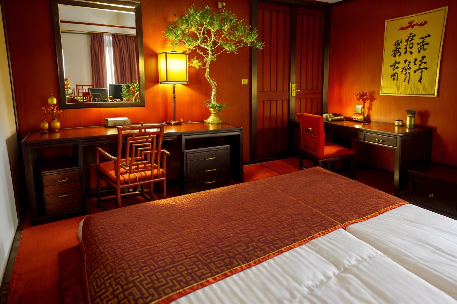 chinese new year-style (hotel room interior) with storage bench or ottoman and working desk with desk chair and hotel bathroom and headboard and night light and mirror and dresser closet and bed. . with door couplets and red and gold candles and gold ingots and kumquat trees and orange trees and fai chun banners and chinese knots and vases of plum blossoms and orchids. . cinematic photo, highly detailed, cinematic lighting, ultra-detailed, ultrarealistic, photorealism, 8k. chinese new year interior design style. masterpiece, cinematic light, ultrarealistic+, photorealistic+, 8k, raw photo, realistic, sharp focus on eyes, (symmetrical eyes), (intact eyes), hyperrealistic, highest quality, best quality, , highly detailed, masterpiece, best quality, extremely detailed 8k wallpaper, masterpiece, best quality, ultra-detailed, best shadow, detailed background, detailed face, detailed eyes, high contrast, best illumination, detailed face, dulux, caustic, dynamic angle, detailed glow. dramatic lighting. highly detailed, insanely detailed hair, symmetrical, intricate details, professionally retouched, 8k high definition. strong bokeh. award winning photo.