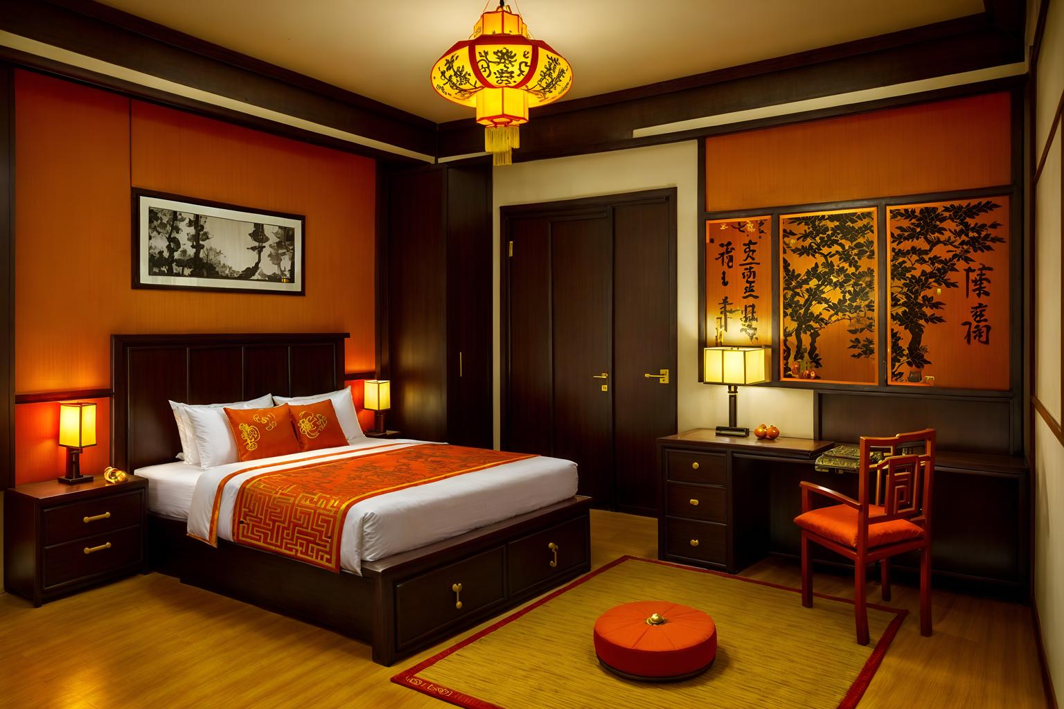 chinese new year-style (hotel room interior) with storage bench or ottoman and working desk with desk chair and hotel bathroom and headboard and night light and mirror and dresser closet and bed. . with door couplets and red and gold candles and gold ingots and kumquat trees and orange trees and fai chun banners and chinese knots and vases of plum blossoms and orchids. . cinematic photo, highly detailed, cinematic lighting, ultra-detailed, ultrarealistic, photorealism, 8k. chinese new year interior design style. masterpiece, cinematic light, ultrarealistic+, photorealistic+, 8k, raw photo, realistic, sharp focus on eyes, (symmetrical eyes), (intact eyes), hyperrealistic, highest quality, best quality, , highly detailed, masterpiece, best quality, extremely detailed 8k wallpaper, masterpiece, best quality, ultra-detailed, best shadow, detailed background, detailed face, detailed eyes, high contrast, best illumination, detailed face, dulux, caustic, dynamic angle, detailed glow. dramatic lighting. highly detailed, insanely detailed hair, symmetrical, intricate details, professionally retouched, 8k high definition. strong bokeh. award winning photo.