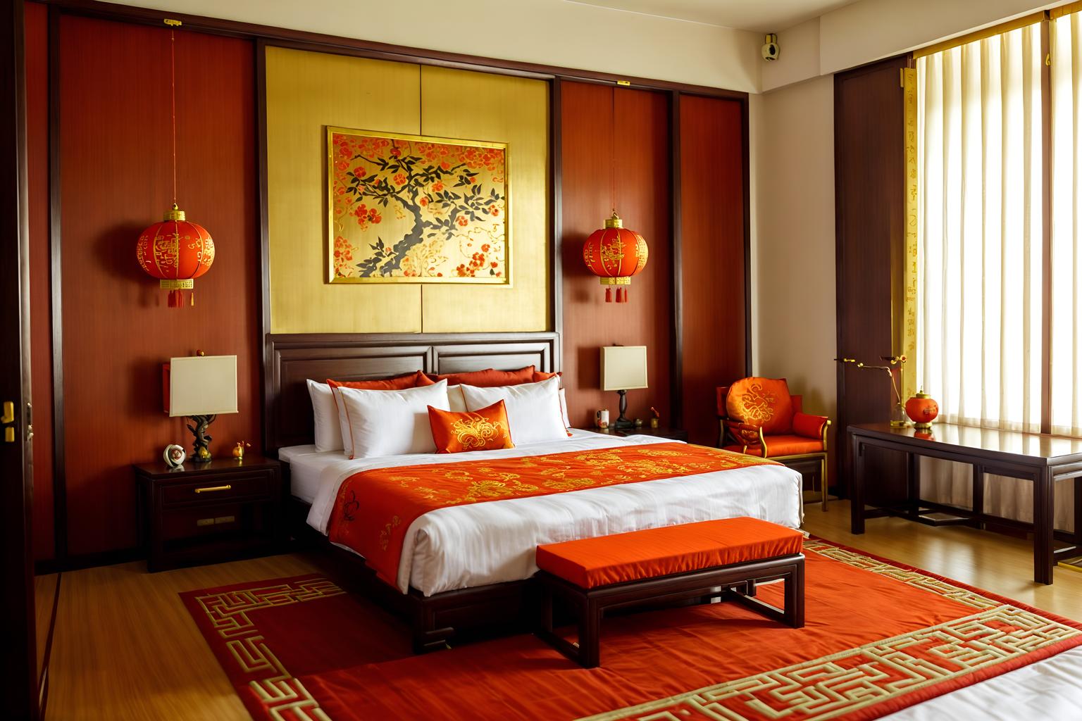 chinese new year-style (hotel room interior) with storage bench or ottoman and working desk with desk chair and hotel bathroom and headboard and night light and mirror and dresser closet and bed. . with door couplets and red and gold candles and gold ingots and kumquat trees and orange trees and fai chun banners and chinese knots and vases of plum blossoms and orchids. . cinematic photo, highly detailed, cinematic lighting, ultra-detailed, ultrarealistic, photorealism, 8k. chinese new year interior design style. masterpiece, cinematic light, ultrarealistic+, photorealistic+, 8k, raw photo, realistic, sharp focus on eyes, (symmetrical eyes), (intact eyes), hyperrealistic, highest quality, best quality, , highly detailed, masterpiece, best quality, extremely detailed 8k wallpaper, masterpiece, best quality, ultra-detailed, best shadow, detailed background, detailed face, detailed eyes, high contrast, best illumination, detailed face, dulux, caustic, dynamic angle, detailed glow. dramatic lighting. highly detailed, insanely detailed hair, symmetrical, intricate details, professionally retouched, 8k high definition. strong bokeh. award winning photo.