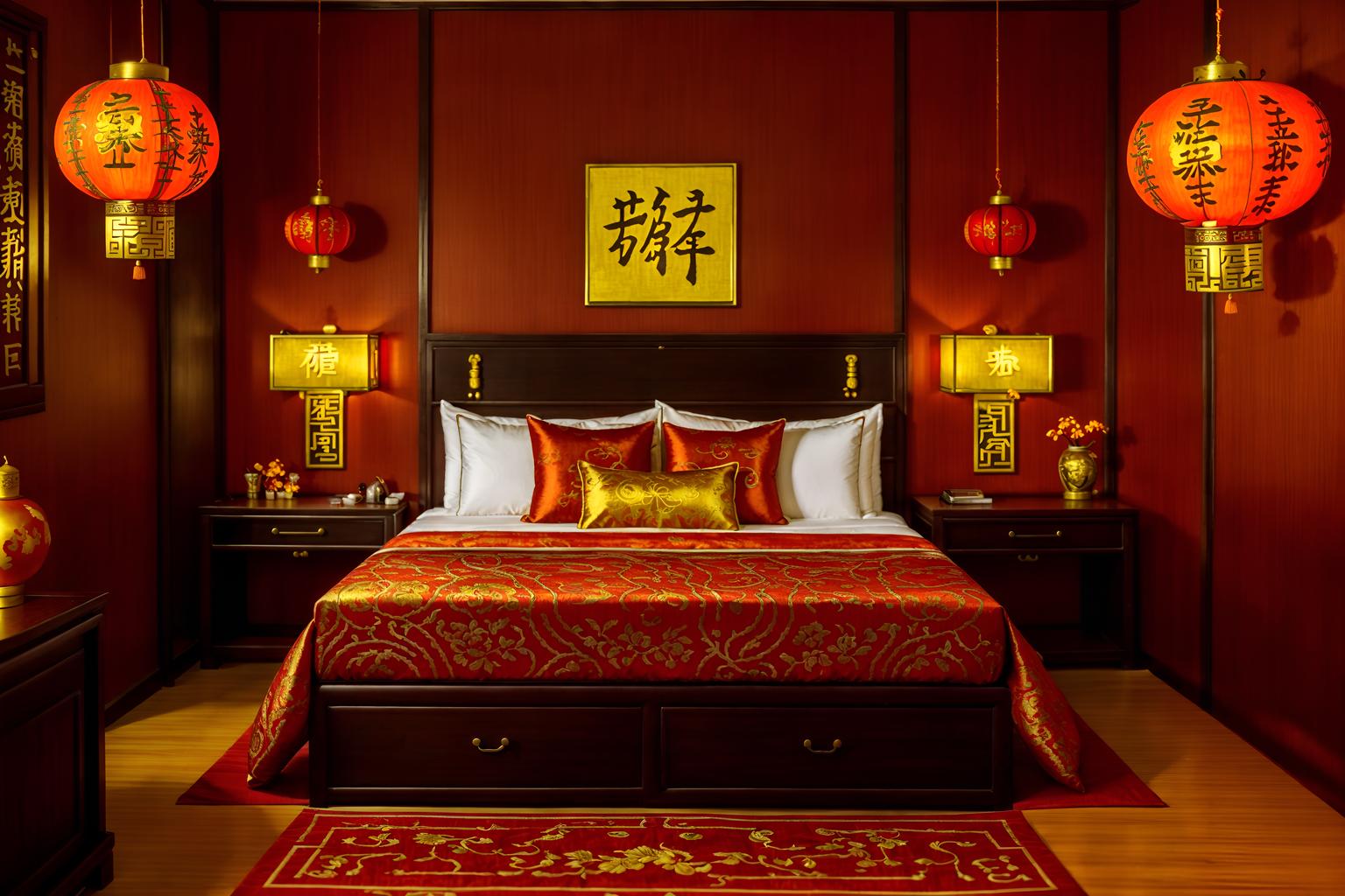 chinese new year-style (hotel room interior) with storage bench or ottoman and working desk with desk chair and hotel bathroom and headboard and night light and mirror and dresser closet and bed. . with door couplets and red and gold candles and gold ingots and kumquat trees and orange trees and fai chun banners and chinese knots and vases of plum blossoms and orchids. . cinematic photo, highly detailed, cinematic lighting, ultra-detailed, ultrarealistic, photorealism, 8k. chinese new year interior design style. masterpiece, cinematic light, ultrarealistic+, photorealistic+, 8k, raw photo, realistic, sharp focus on eyes, (symmetrical eyes), (intact eyes), hyperrealistic, highest quality, best quality, , highly detailed, masterpiece, best quality, extremely detailed 8k wallpaper, masterpiece, best quality, ultra-detailed, best shadow, detailed background, detailed face, detailed eyes, high contrast, best illumination, detailed face, dulux, caustic, dynamic angle, detailed glow. dramatic lighting. highly detailed, insanely detailed hair, symmetrical, intricate details, professionally retouched, 8k high definition. strong bokeh. award winning photo.