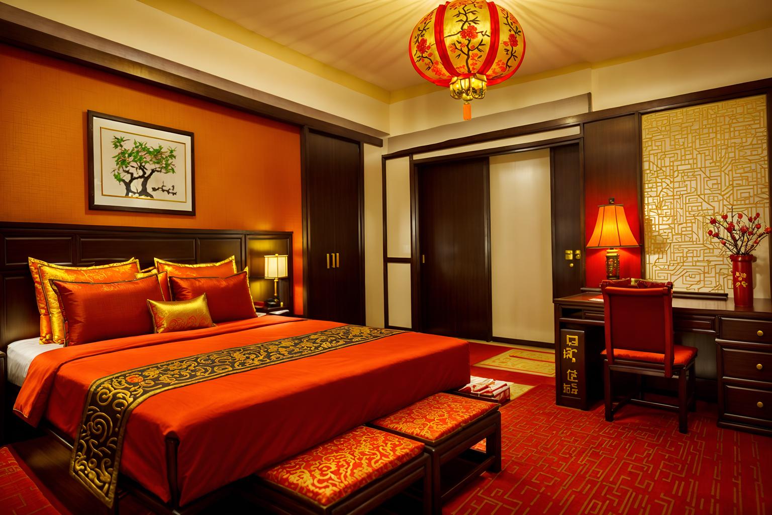 chinese new year-style (hotel room interior) with storage bench or ottoman and working desk with desk chair and hotel bathroom and headboard and night light and mirror and dresser closet and bed. . with door couplets and red and gold candles and gold ingots and kumquat trees and orange trees and fai chun banners and chinese knots and vases of plum blossoms and orchids. . cinematic photo, highly detailed, cinematic lighting, ultra-detailed, ultrarealistic, photorealism, 8k. chinese new year interior design style. masterpiece, cinematic light, ultrarealistic+, photorealistic+, 8k, raw photo, realistic, sharp focus on eyes, (symmetrical eyes), (intact eyes), hyperrealistic, highest quality, best quality, , highly detailed, masterpiece, best quality, extremely detailed 8k wallpaper, masterpiece, best quality, ultra-detailed, best shadow, detailed background, detailed face, detailed eyes, high contrast, best illumination, detailed face, dulux, caustic, dynamic angle, detailed glow. dramatic lighting. highly detailed, insanely detailed hair, symmetrical, intricate details, professionally retouched, 8k high definition. strong bokeh. award winning photo.