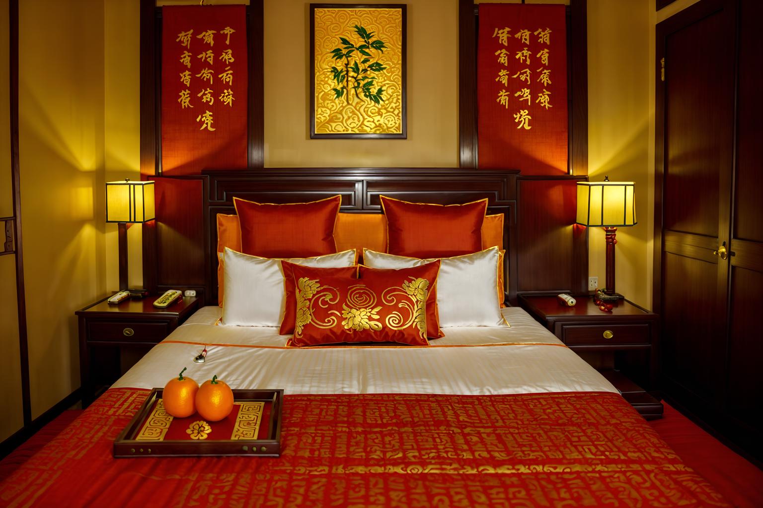 chinese new year-style (hotel room interior) with storage bench or ottoman and working desk with desk chair and hotel bathroom and headboard and night light and mirror and dresser closet and bed. . with door couplets and red and gold candles and gold ingots and kumquat trees and orange trees and fai chun banners and chinese knots and vases of plum blossoms and orchids. . cinematic photo, highly detailed, cinematic lighting, ultra-detailed, ultrarealistic, photorealism, 8k. chinese new year interior design style. masterpiece, cinematic light, ultrarealistic+, photorealistic+, 8k, raw photo, realistic, sharp focus on eyes, (symmetrical eyes), (intact eyes), hyperrealistic, highest quality, best quality, , highly detailed, masterpiece, best quality, extremely detailed 8k wallpaper, masterpiece, best quality, ultra-detailed, best shadow, detailed background, detailed face, detailed eyes, high contrast, best illumination, detailed face, dulux, caustic, dynamic angle, detailed glow. dramatic lighting. highly detailed, insanely detailed hair, symmetrical, intricate details, professionally retouched, 8k high definition. strong bokeh. award winning photo.