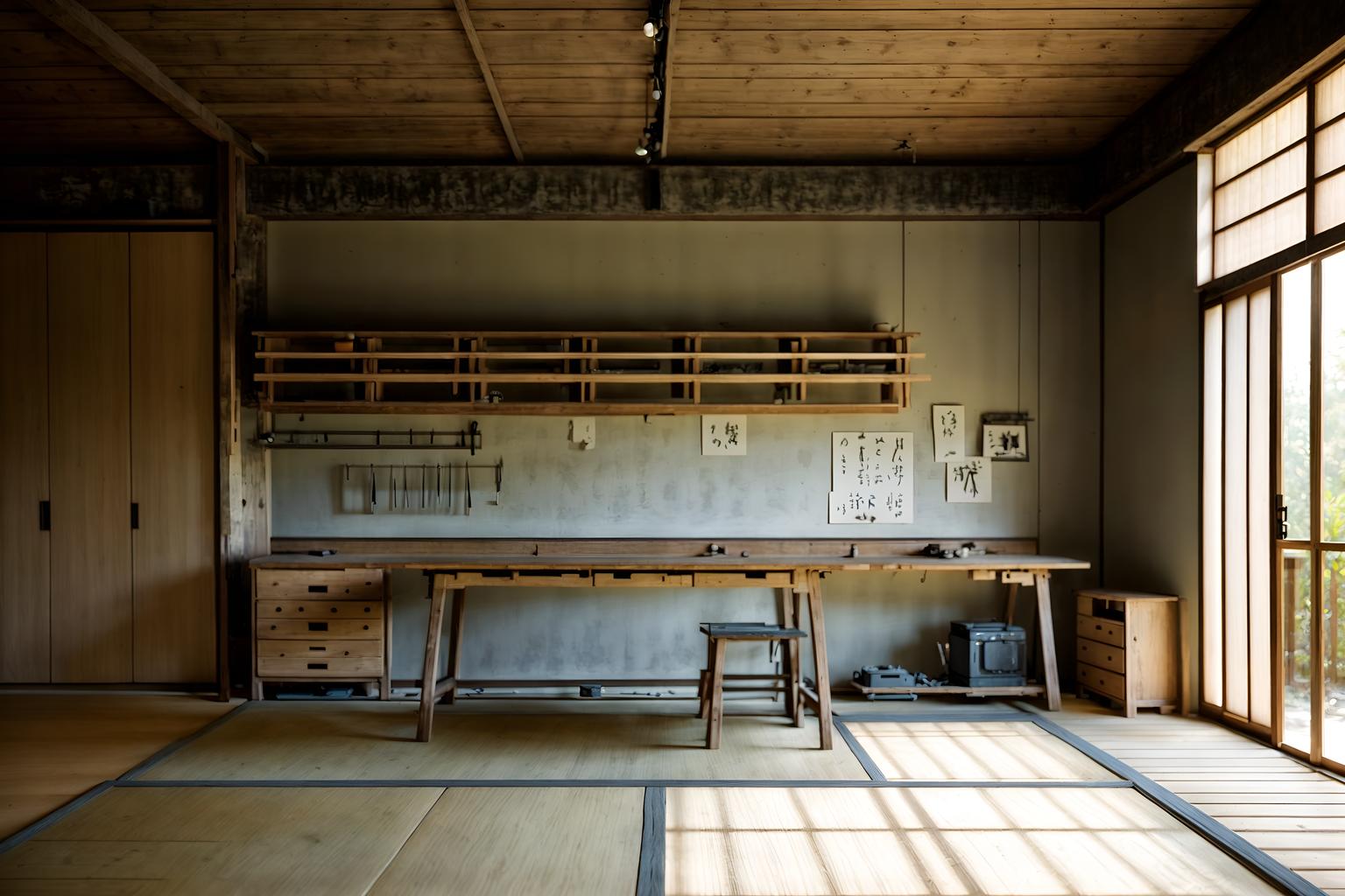 zen-style (workshop interior) with tool wall and wooden workbench and messy and tool wall. . with clean lines and natural light and serenity and harmony and japanese minimalist interior and mimimalist and simplicity and asian zen interior and asian zen interior. . cinematic photo, highly detailed, cinematic lighting, ultra-detailed, ultrarealistic, photorealism, 8k. zen interior design style. masterpiece, cinematic light, ultrarealistic+, photorealistic+, 8k, raw photo, realistic, sharp focus on eyes, (symmetrical eyes), (intact eyes), hyperrealistic, highest quality, best quality, , highly detailed, masterpiece, best quality, extremely detailed 8k wallpaper, masterpiece, best quality, ultra-detailed, best shadow, detailed background, detailed face, detailed eyes, high contrast, best illumination, detailed face, dulux, caustic, dynamic angle, detailed glow. dramatic lighting. highly detailed, insanely detailed hair, symmetrical, intricate details, professionally retouched, 8k high definition. strong bokeh. award winning photo.