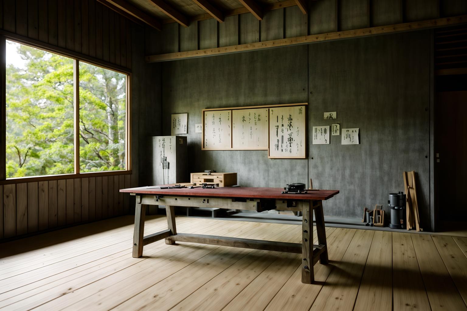 zen-style (workshop interior) with tool wall and wooden workbench and messy and tool wall. . with clean lines and natural light and serenity and harmony and japanese minimalist interior and mimimalist and simplicity and asian zen interior and asian zen interior. . cinematic photo, highly detailed, cinematic lighting, ultra-detailed, ultrarealistic, photorealism, 8k. zen interior design style. masterpiece, cinematic light, ultrarealistic+, photorealistic+, 8k, raw photo, realistic, sharp focus on eyes, (symmetrical eyes), (intact eyes), hyperrealistic, highest quality, best quality, , highly detailed, masterpiece, best quality, extremely detailed 8k wallpaper, masterpiece, best quality, ultra-detailed, best shadow, detailed background, detailed face, detailed eyes, high contrast, best illumination, detailed face, dulux, caustic, dynamic angle, detailed glow. dramatic lighting. highly detailed, insanely detailed hair, symmetrical, intricate details, professionally retouched, 8k high definition. strong bokeh. award winning photo.