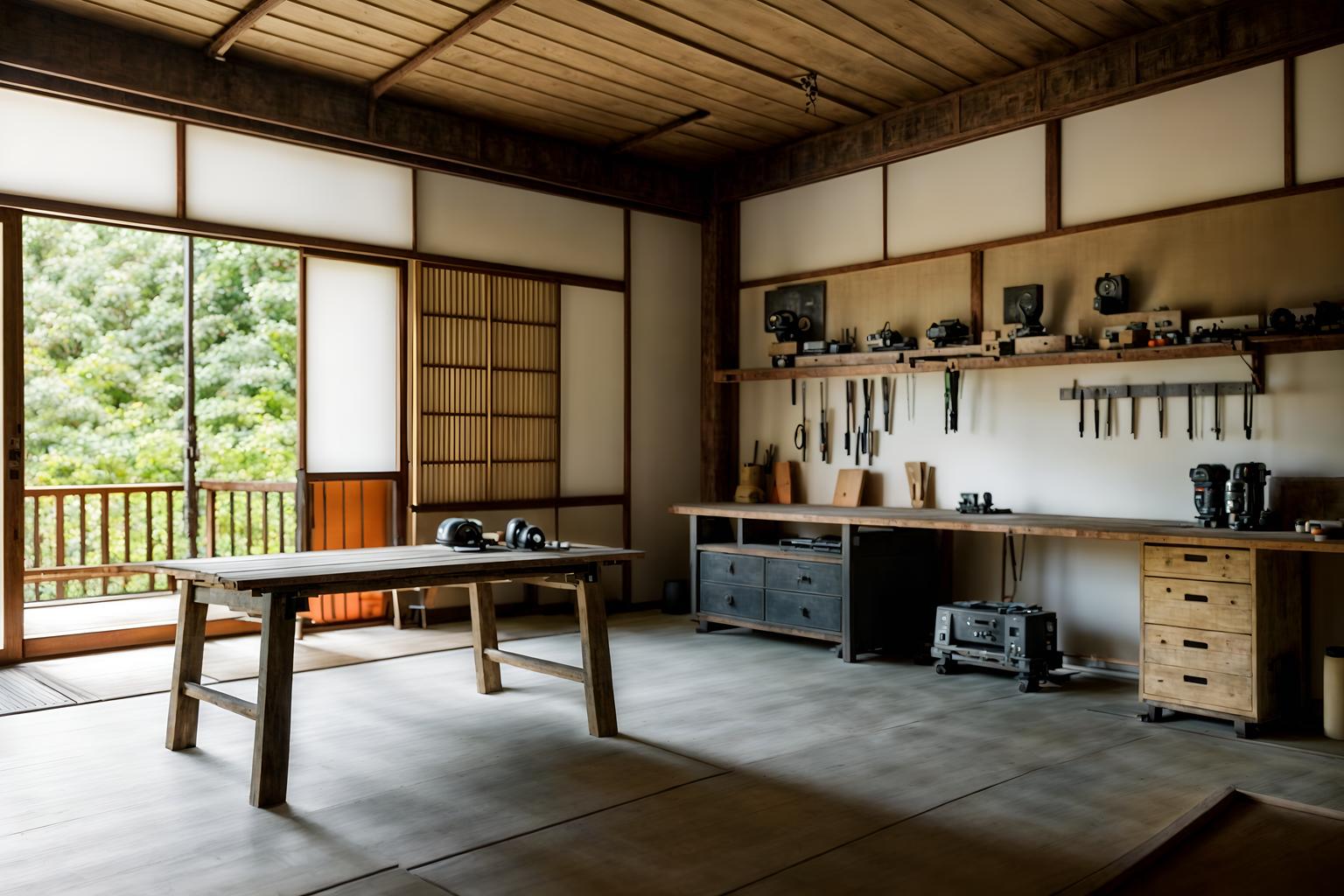 zen-style (workshop interior) with tool wall and wooden workbench and messy and tool wall. . with clean lines and natural light and serenity and harmony and japanese minimalist interior and mimimalist and simplicity and asian zen interior and asian zen interior. . cinematic photo, highly detailed, cinematic lighting, ultra-detailed, ultrarealistic, photorealism, 8k. zen interior design style. masterpiece, cinematic light, ultrarealistic+, photorealistic+, 8k, raw photo, realistic, sharp focus on eyes, (symmetrical eyes), (intact eyes), hyperrealistic, highest quality, best quality, , highly detailed, masterpiece, best quality, extremely detailed 8k wallpaper, masterpiece, best quality, ultra-detailed, best shadow, detailed background, detailed face, detailed eyes, high contrast, best illumination, detailed face, dulux, caustic, dynamic angle, detailed glow. dramatic lighting. highly detailed, insanely detailed hair, symmetrical, intricate details, professionally retouched, 8k high definition. strong bokeh. award winning photo.