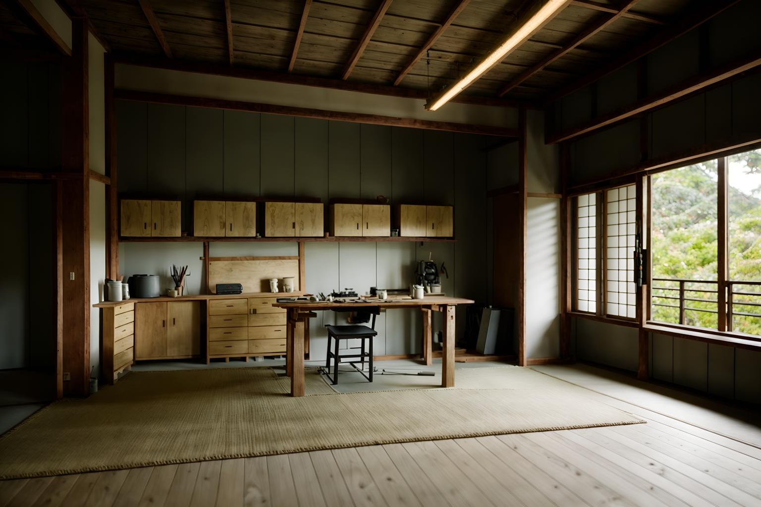 zen-style (workshop interior) with tool wall and wooden workbench and messy and tool wall. . with clean lines and natural light and serenity and harmony and japanese minimalist interior and mimimalist and simplicity and asian zen interior and asian zen interior. . cinematic photo, highly detailed, cinematic lighting, ultra-detailed, ultrarealistic, photorealism, 8k. zen interior design style. masterpiece, cinematic light, ultrarealistic+, photorealistic+, 8k, raw photo, realistic, sharp focus on eyes, (symmetrical eyes), (intact eyes), hyperrealistic, highest quality, best quality, , highly detailed, masterpiece, best quality, extremely detailed 8k wallpaper, masterpiece, best quality, ultra-detailed, best shadow, detailed background, detailed face, detailed eyes, high contrast, best illumination, detailed face, dulux, caustic, dynamic angle, detailed glow. dramatic lighting. highly detailed, insanely detailed hair, symmetrical, intricate details, professionally retouched, 8k high definition. strong bokeh. award winning photo.