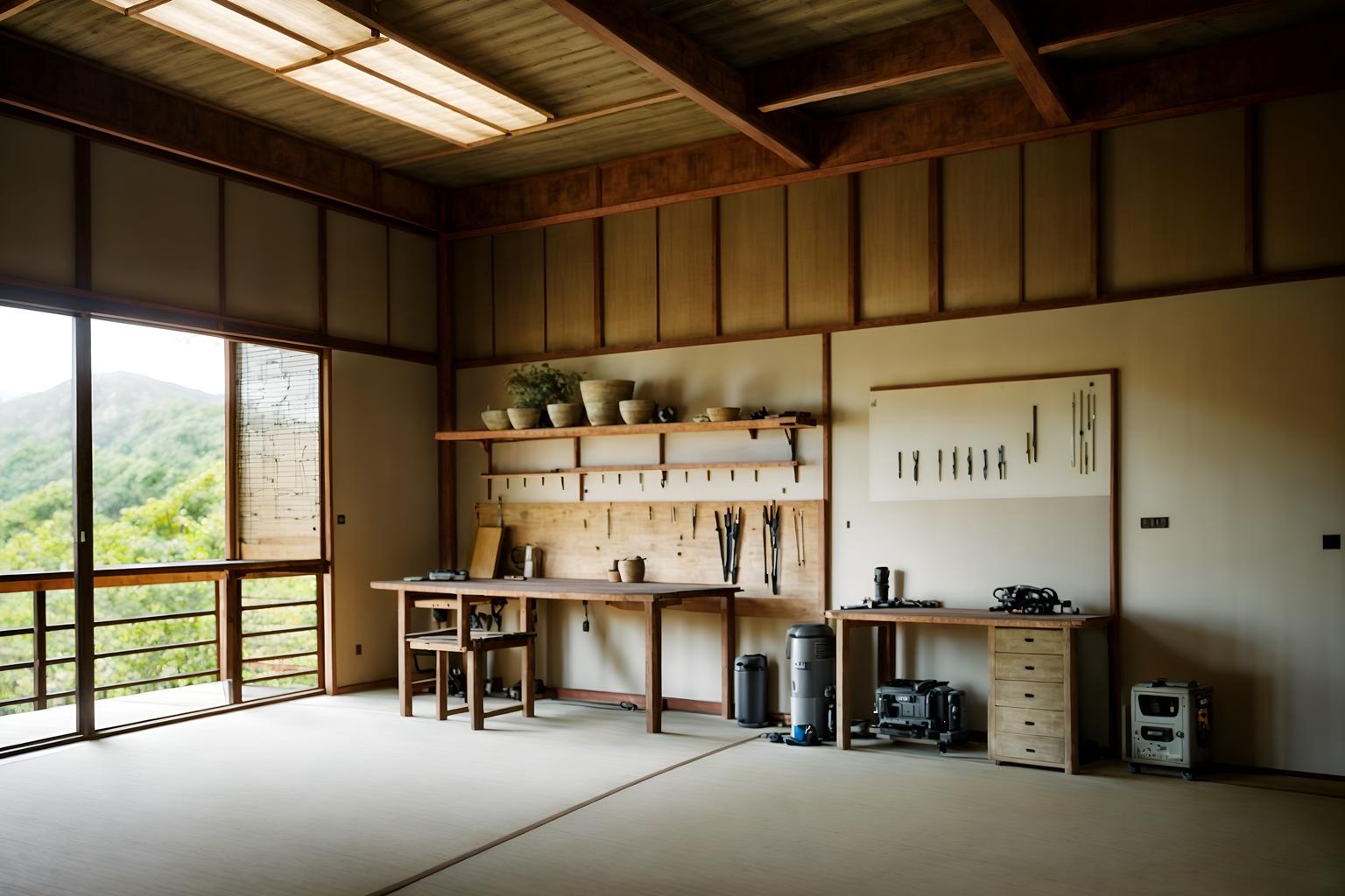 zen-style (workshop interior) with tool wall and wooden workbench and messy and tool wall. . with clean lines and natural light and serenity and harmony and japanese minimalist interior and mimimalist and simplicity and asian zen interior and asian zen interior. . cinematic photo, highly detailed, cinematic lighting, ultra-detailed, ultrarealistic, photorealism, 8k. zen interior design style. masterpiece, cinematic light, ultrarealistic+, photorealistic+, 8k, raw photo, realistic, sharp focus on eyes, (symmetrical eyes), (intact eyes), hyperrealistic, highest quality, best quality, , highly detailed, masterpiece, best quality, extremely detailed 8k wallpaper, masterpiece, best quality, ultra-detailed, best shadow, detailed background, detailed face, detailed eyes, high contrast, best illumination, detailed face, dulux, caustic, dynamic angle, detailed glow. dramatic lighting. highly detailed, insanely detailed hair, symmetrical, intricate details, professionally retouched, 8k high definition. strong bokeh. award winning photo.