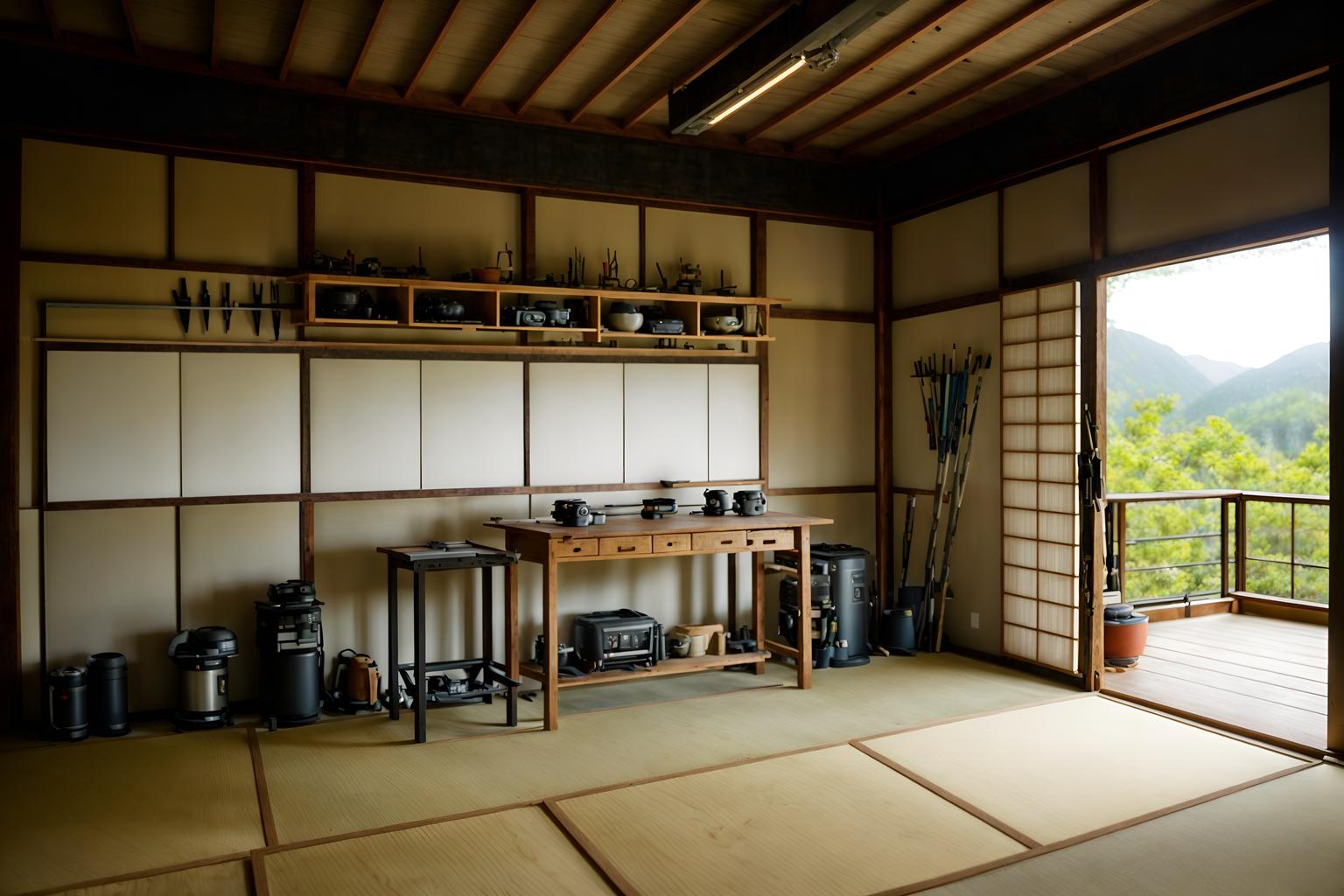 zen-style (workshop interior) with tool wall and wooden workbench and messy and tool wall. . with clean lines and natural light and serenity and harmony and japanese minimalist interior and mimimalist and simplicity and asian zen interior and asian zen interior. . cinematic photo, highly detailed, cinematic lighting, ultra-detailed, ultrarealistic, photorealism, 8k. zen interior design style. masterpiece, cinematic light, ultrarealistic+, photorealistic+, 8k, raw photo, realistic, sharp focus on eyes, (symmetrical eyes), (intact eyes), hyperrealistic, highest quality, best quality, , highly detailed, masterpiece, best quality, extremely detailed 8k wallpaper, masterpiece, best quality, ultra-detailed, best shadow, detailed background, detailed face, detailed eyes, high contrast, best illumination, detailed face, dulux, caustic, dynamic angle, detailed glow. dramatic lighting. highly detailed, insanely detailed hair, symmetrical, intricate details, professionally retouched, 8k high definition. strong bokeh. award winning photo.