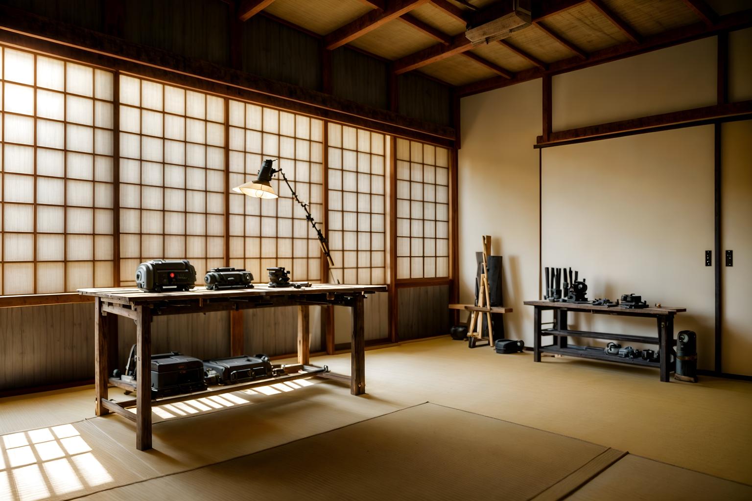 zen-style (workshop interior) with tool wall and wooden workbench and messy and tool wall. . with clean lines and natural light and serenity and harmony and japanese minimalist interior and mimimalist and simplicity and asian zen interior and asian zen interior. . cinematic photo, highly detailed, cinematic lighting, ultra-detailed, ultrarealistic, photorealism, 8k. zen interior design style. masterpiece, cinematic light, ultrarealistic+, photorealistic+, 8k, raw photo, realistic, sharp focus on eyes, (symmetrical eyes), (intact eyes), hyperrealistic, highest quality, best quality, , highly detailed, masterpiece, best quality, extremely detailed 8k wallpaper, masterpiece, best quality, ultra-detailed, best shadow, detailed background, detailed face, detailed eyes, high contrast, best illumination, detailed face, dulux, caustic, dynamic angle, detailed glow. dramatic lighting. highly detailed, insanely detailed hair, symmetrical, intricate details, professionally retouched, 8k high definition. strong bokeh. award winning photo.